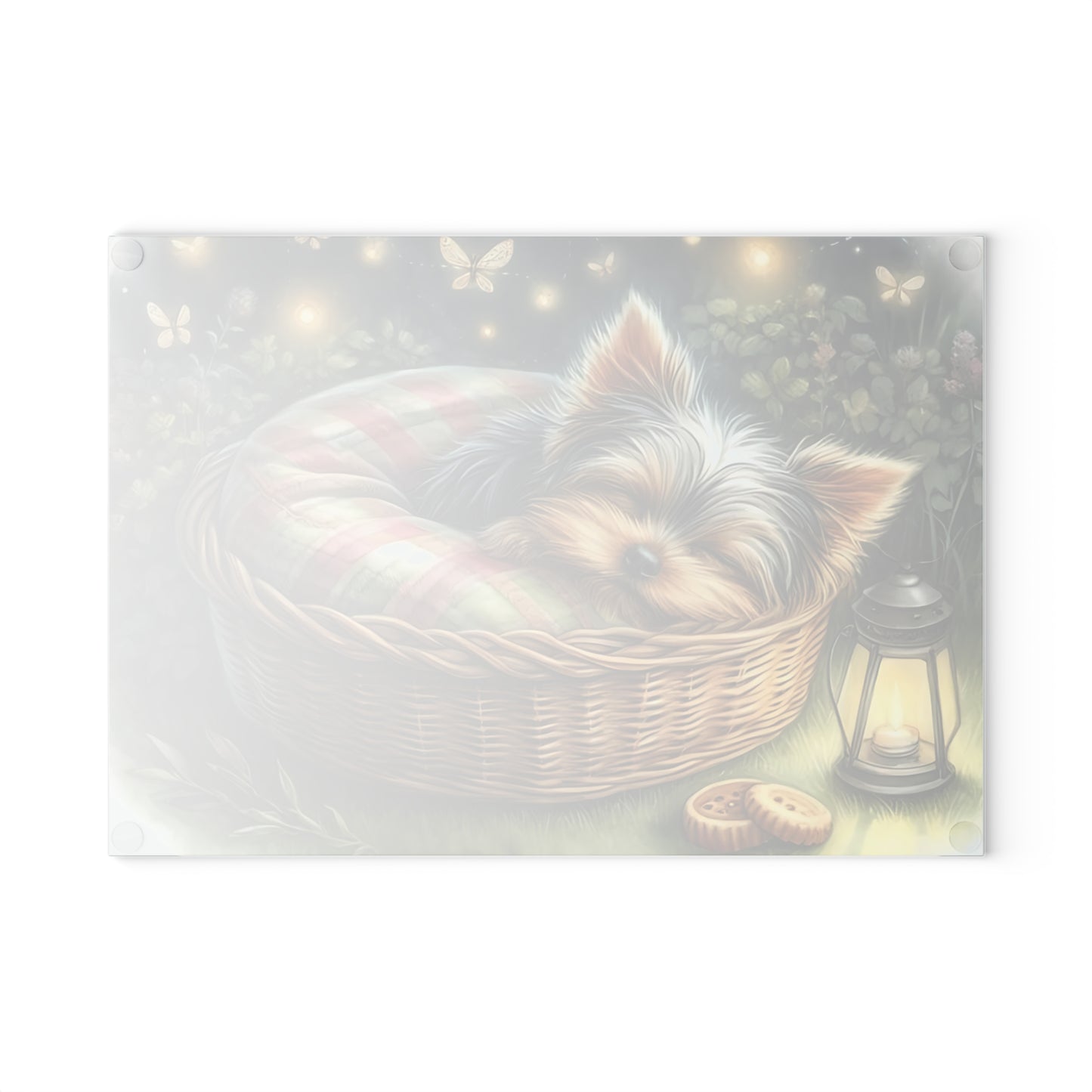 🐾✨ Sleeping Yorkie in Basket Cutting Board – Dreamy Garden Charm for Your Kitchen 🌙🕯️