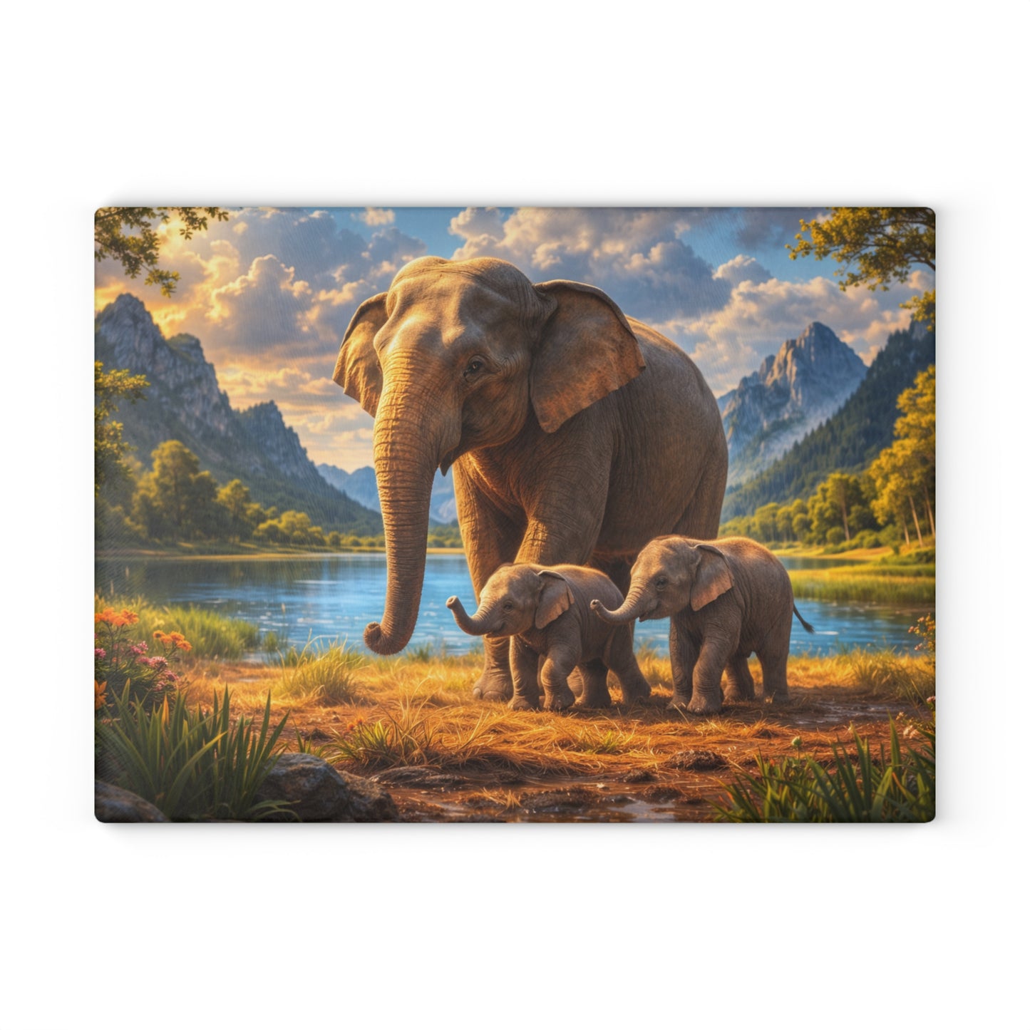 Mother Elephant with Calves Glass Cutting Board – Peaceful Wildlife Family Kitchen Art