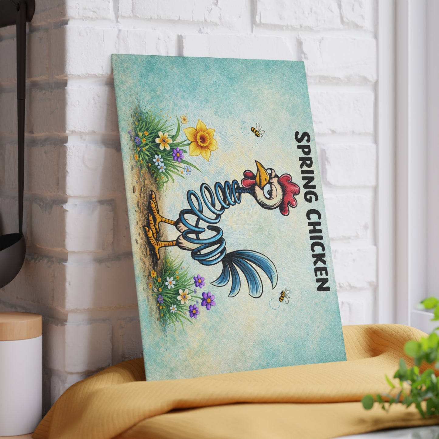 Spring Chicken Glass Cutting Board – Whimsical Chicken Artwork with Playful Spring Humor