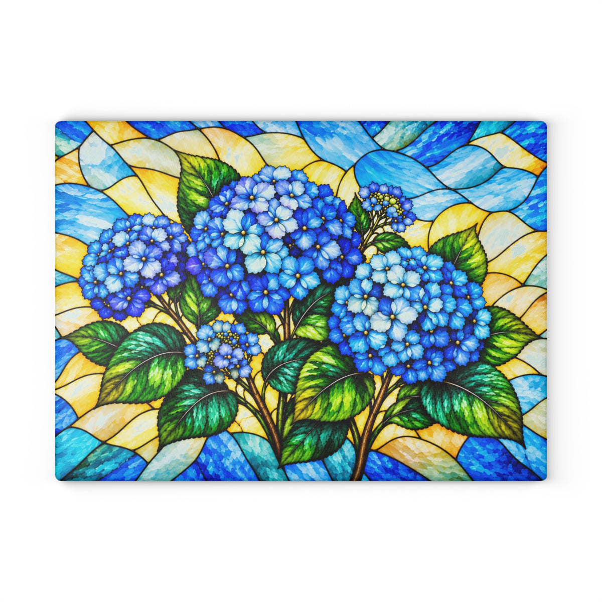 Stained-Glass-Inspired Blue Hydrangea Cutting Board – Vibrant Blue Floral Bouquet, Golden Mosaic Background & Botanical Kitchen Décor