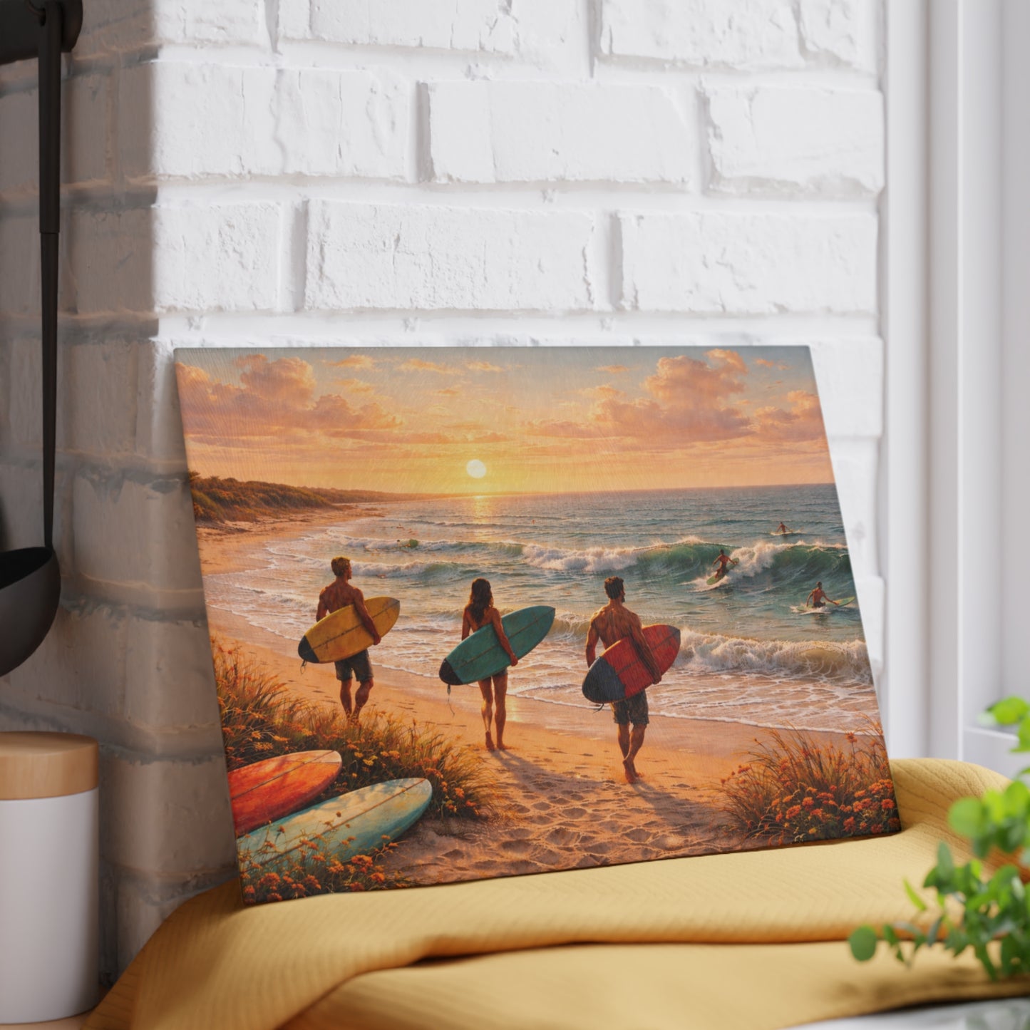 Golden Hour Surf Coast Glass Cutting Board – Coastal Sunset Ocean Kitchen Decor
