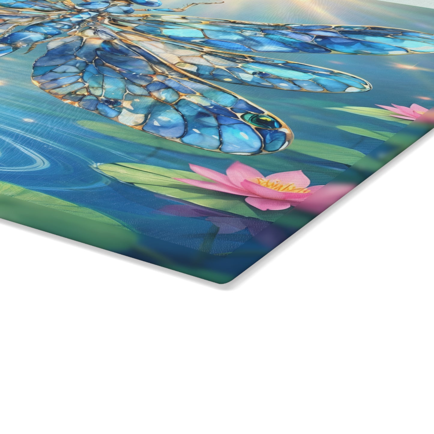 Radiant Dragonfly Glass Cutting Board – Tranquil Pond Art Kitchen Decor