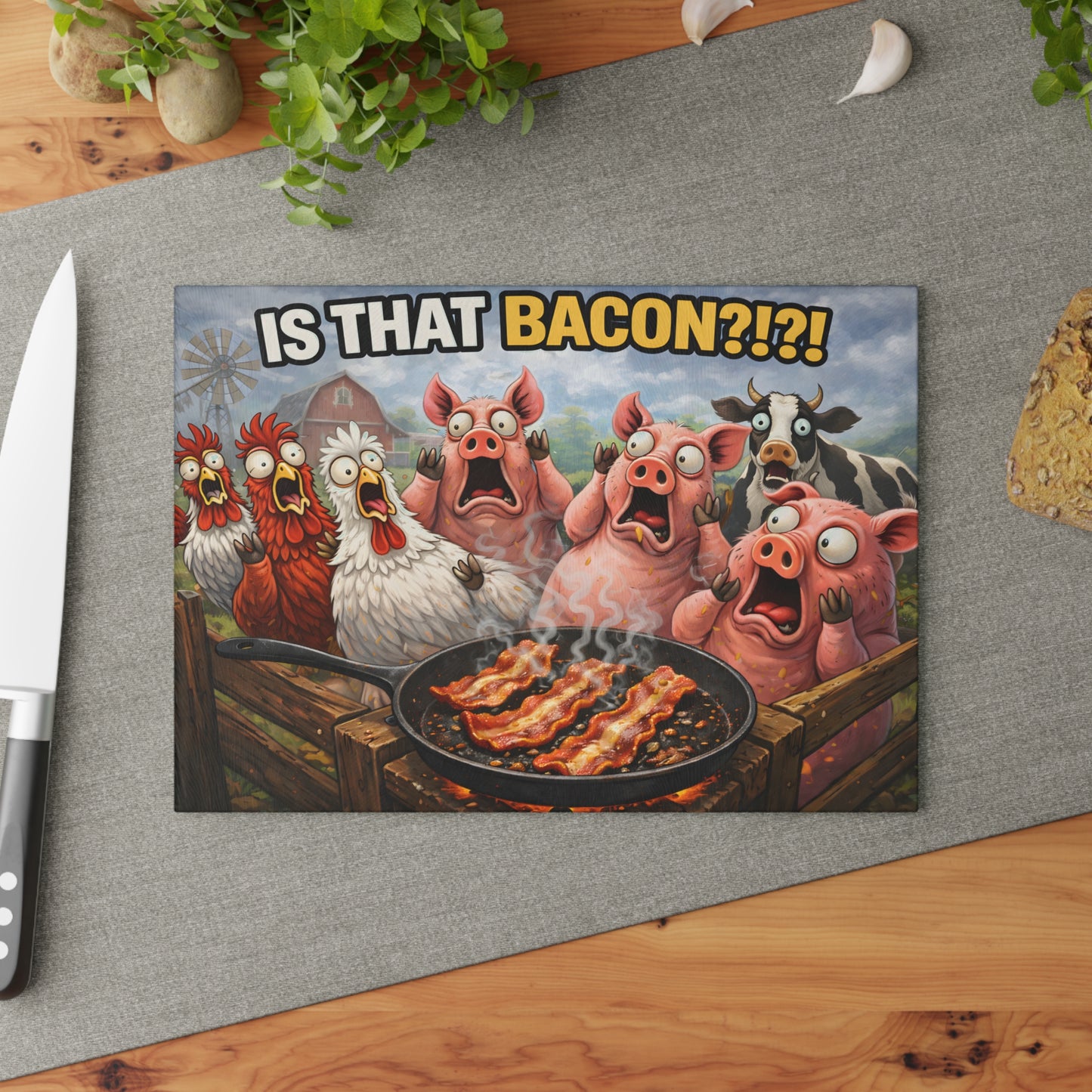 Is That Bacon?! Glass Cutting Board – Funny Farm Animal Kitchen Chaos Art