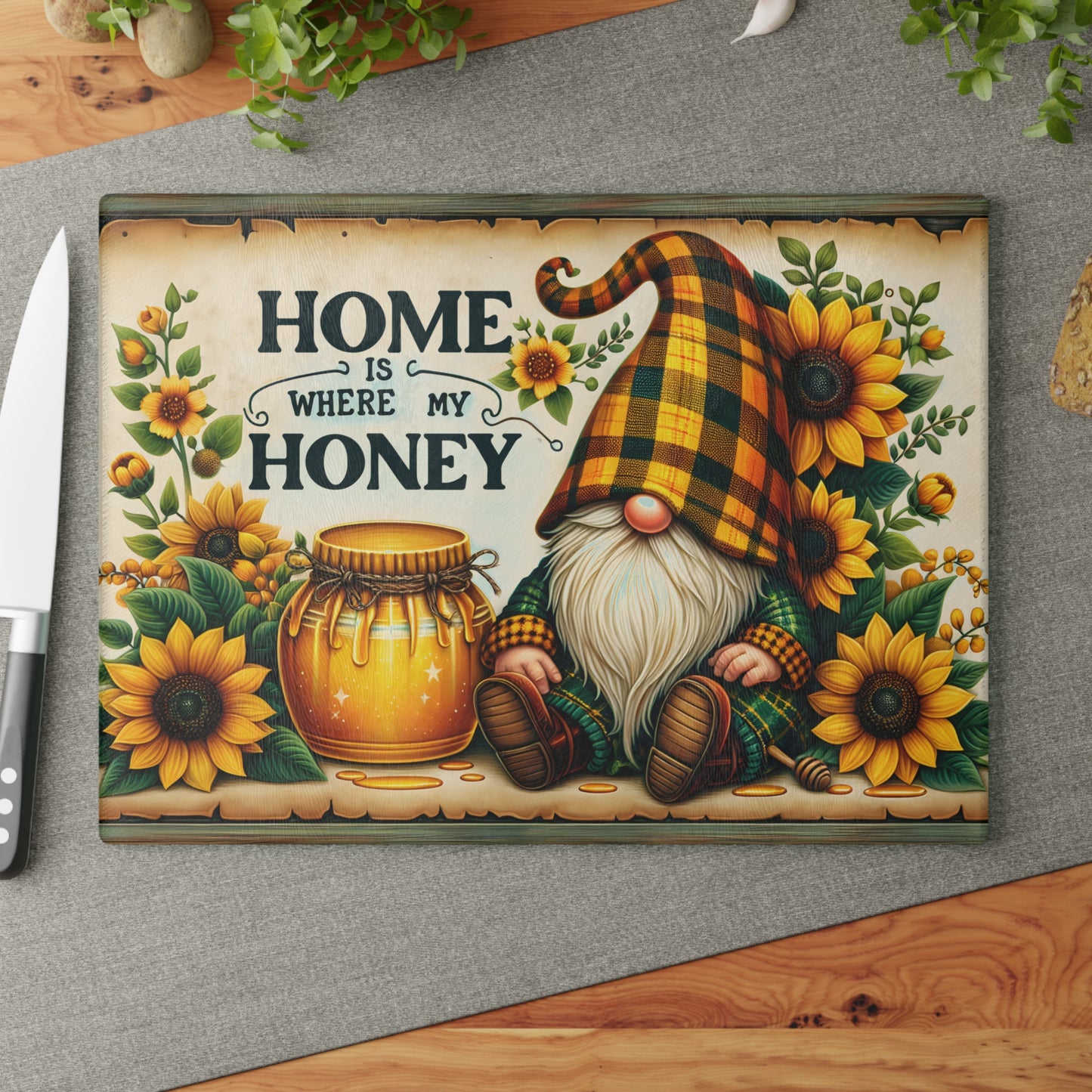 🌻🍯 “Home Is Where My Honey” Sunflower Gnome Cutting Board – Warm Country Charm for Your Kitchen