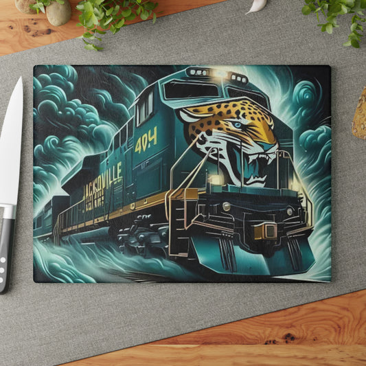 Teal & Gold Express Glass Cutting Board – Jungle Power Train Art for Bold, Unique Kitchens