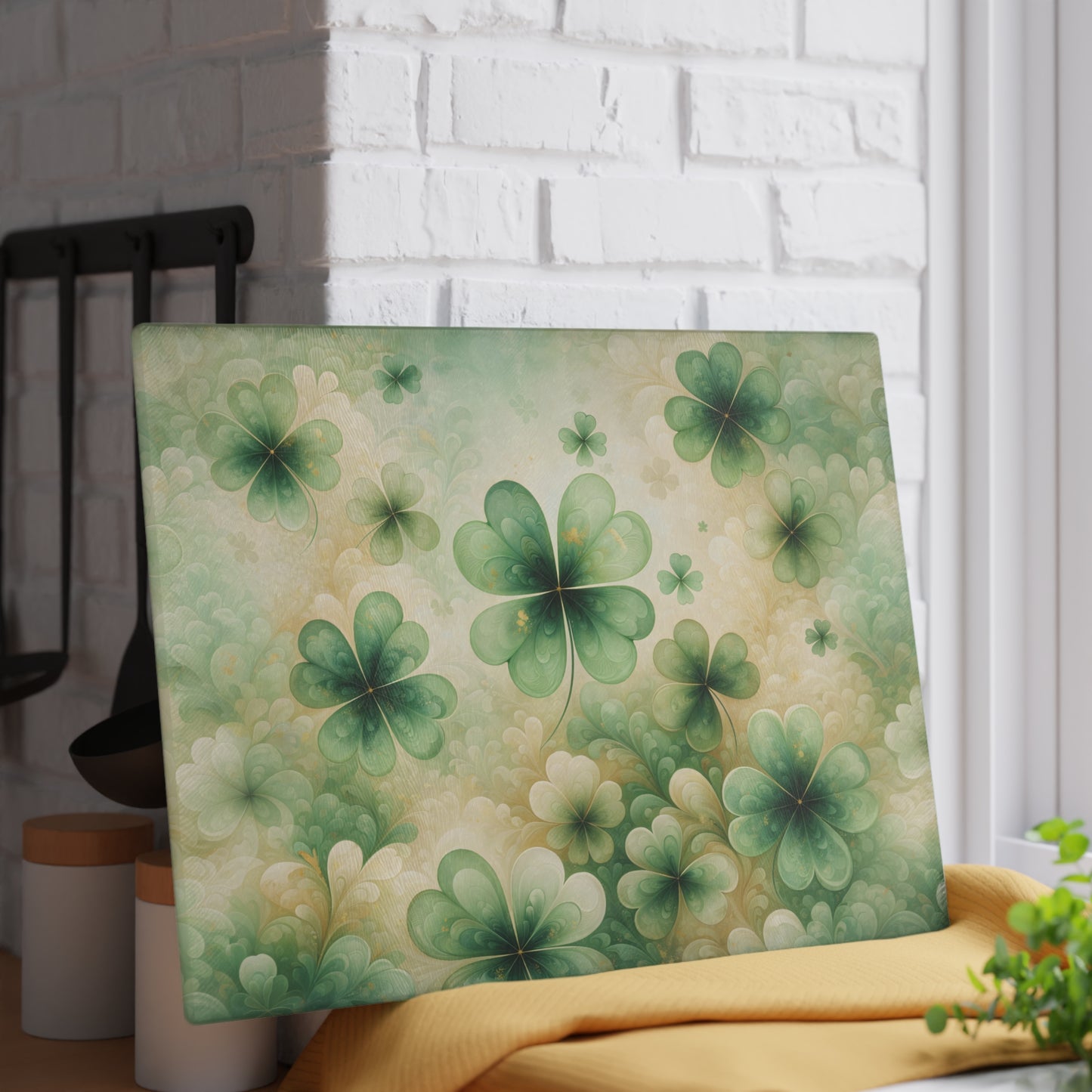 Abstract Shamrock Pattern Glass Cutting Board – St. Patrick’s Day Green Clover Kitchen Art