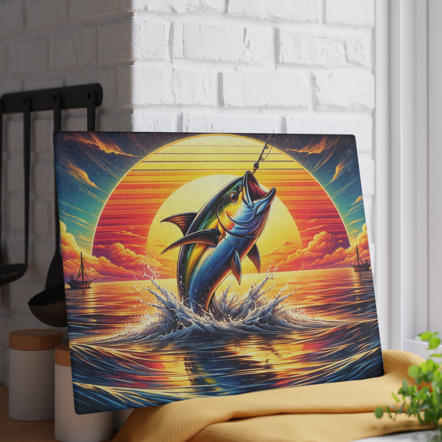 Retro Sunset Fishing Glass Cutting Board – Vibrant Ocean Angler Kitchen Art