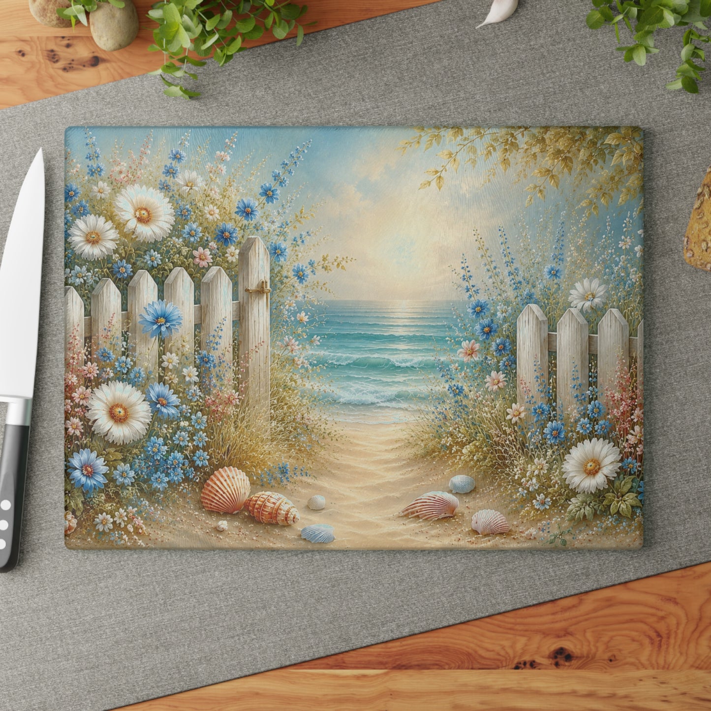 Coastal Floral Beach Path Glass Cutting Board