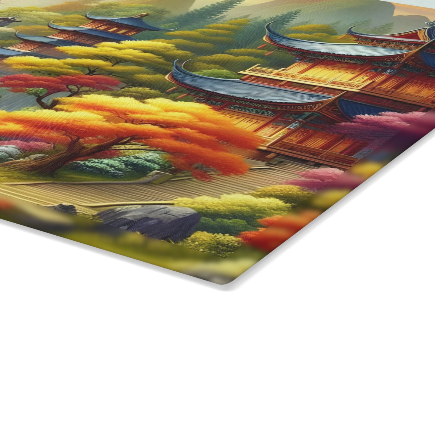 🍁🏯 Tranquil Pagoda Falls Cutting Board – Serene Autumn Landscape Art 🏯🍁