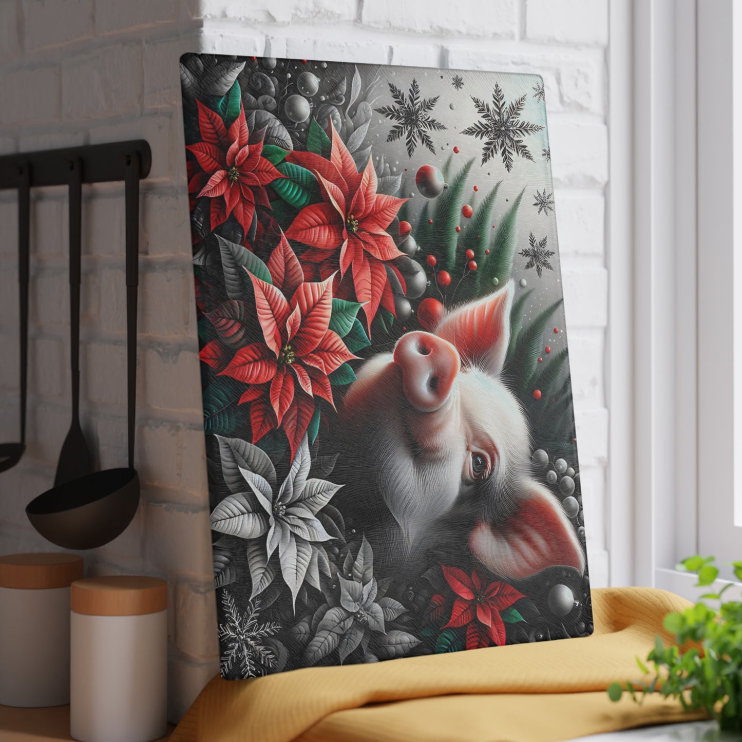 🐷✨ “Holiday Poinsettia Pig” Glass Cutting Board – Festive Farmhouse Cheer for Your Kitchen
