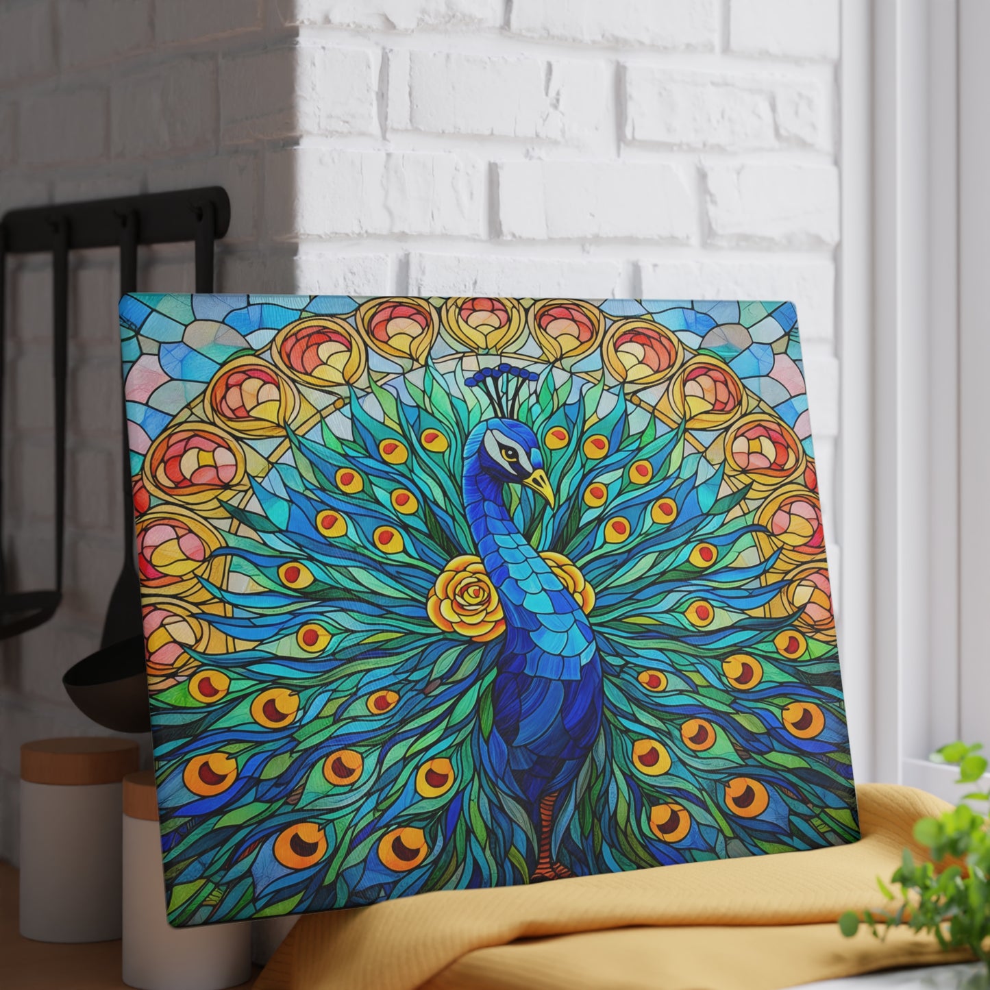Stained Glass Style Peacock Glass Cutting Board – Vibrant Jewel-Tone Art Kitchen Decor