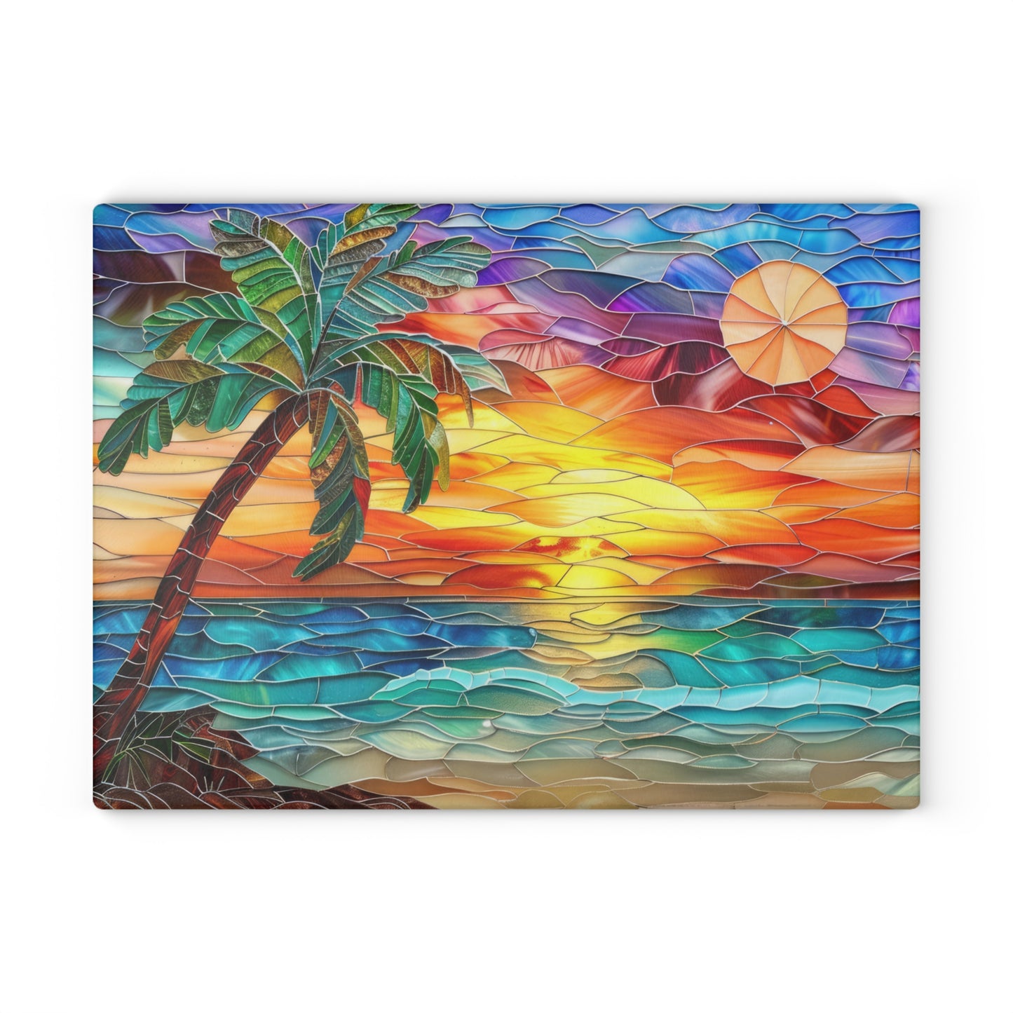 🌅🌴 Stained Glass look like Sunset Beach Cutting Board – Coastal Artistry for Your Kitchen 🌊