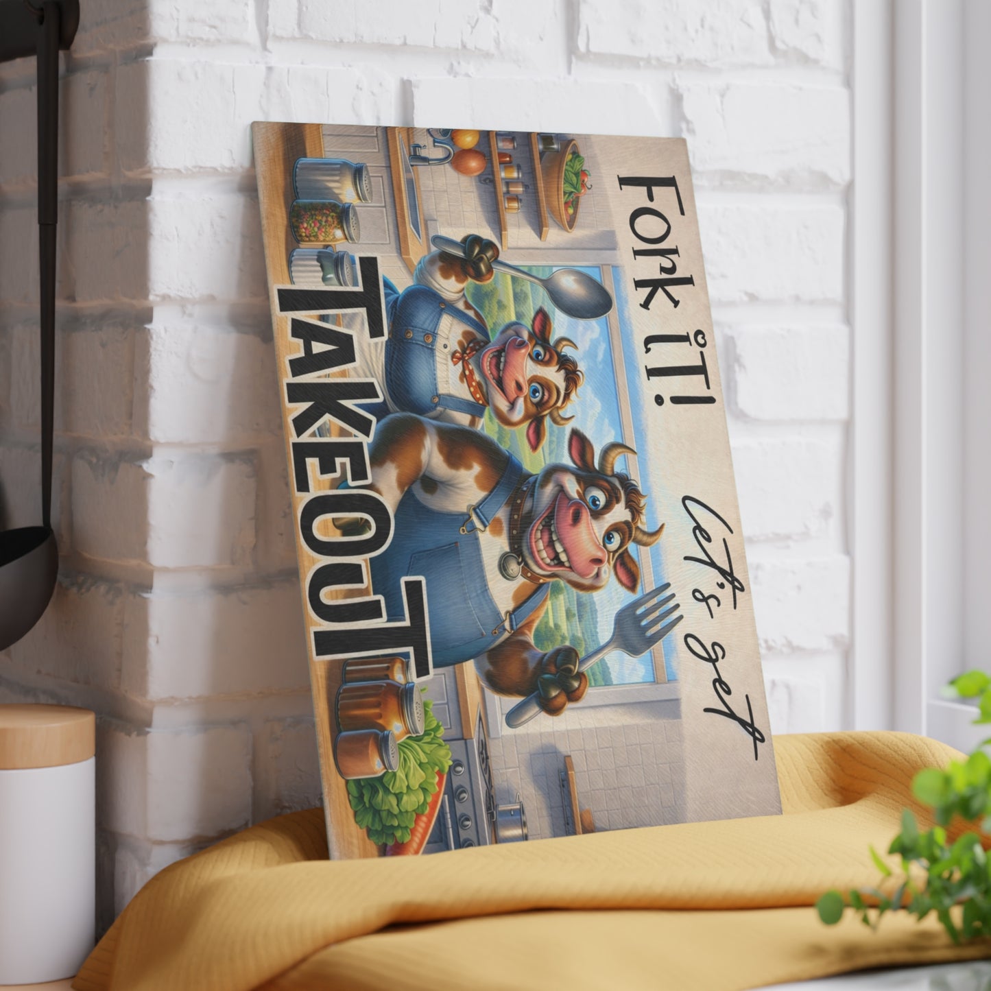 Fork It! Takeout Glass Cutting Board – Playful Cow Kitchen Art with Farmhouse Humor