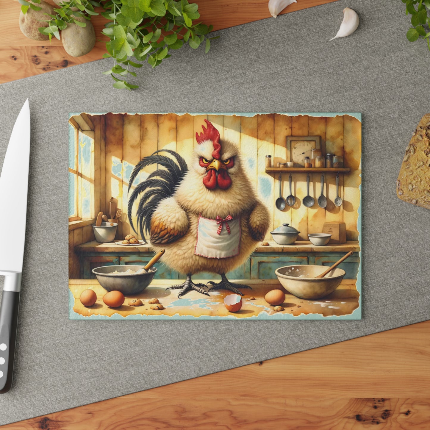🐓🍪 “Grumpy Baker Rooster” Glass Cutting Board – Cozy Laughs for Your Kitchen