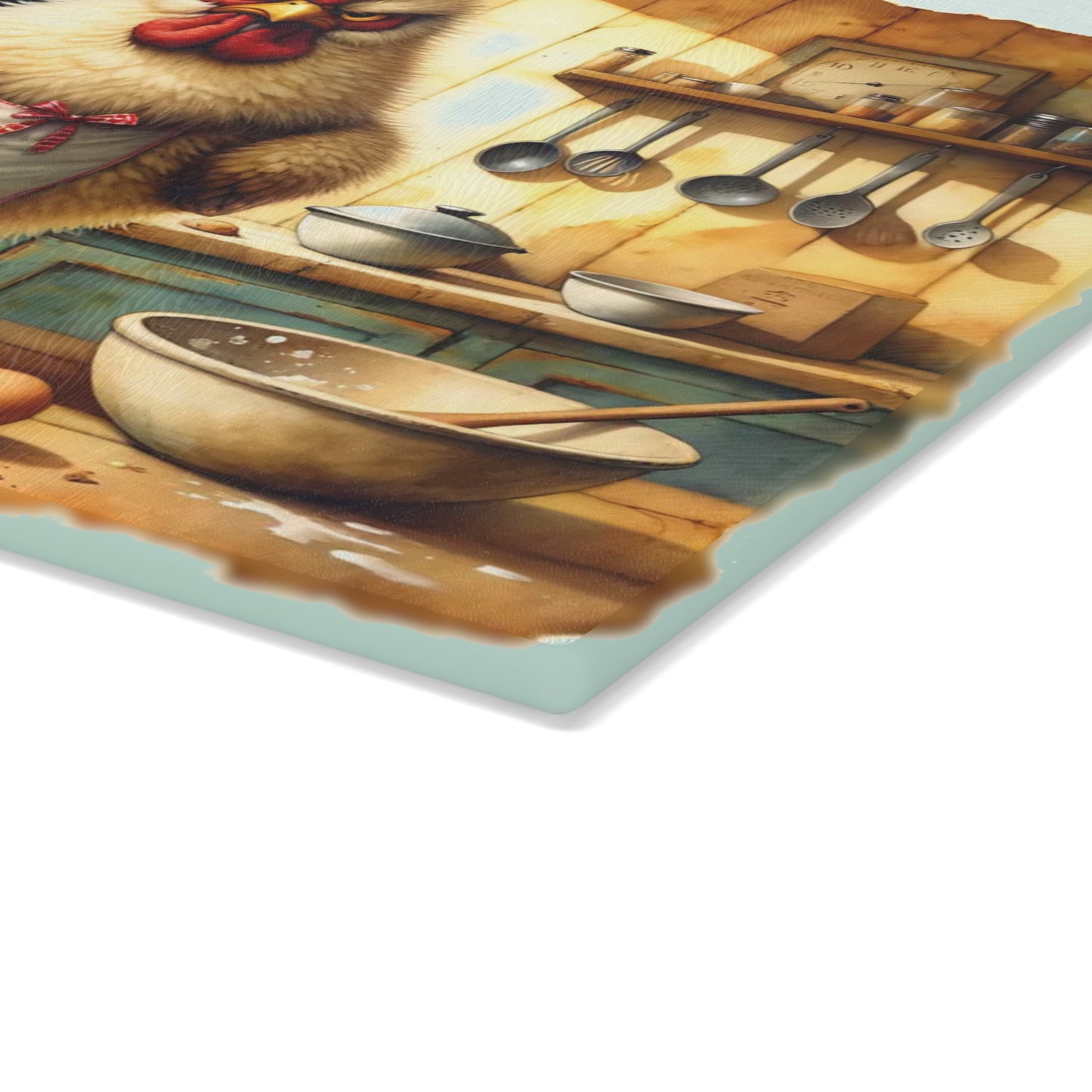 🐓🍪 “Grumpy Baker Rooster” Glass Cutting Board – Cozy Laughs for Your Kitchen