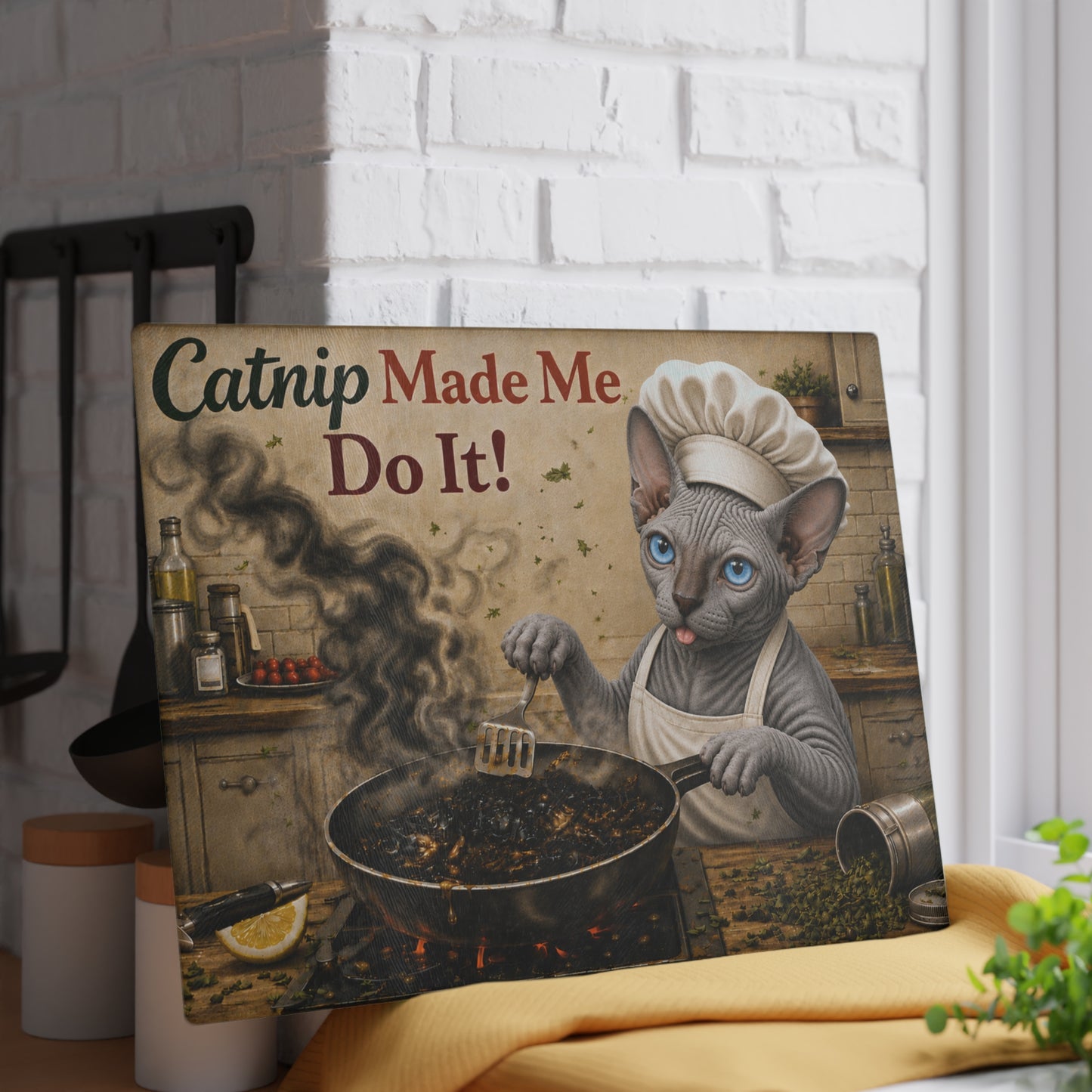 Catnip Made Me Do It! Funny Sphynx Cat Glass Cutting Board – Hilarious Cat Kitchen Decor