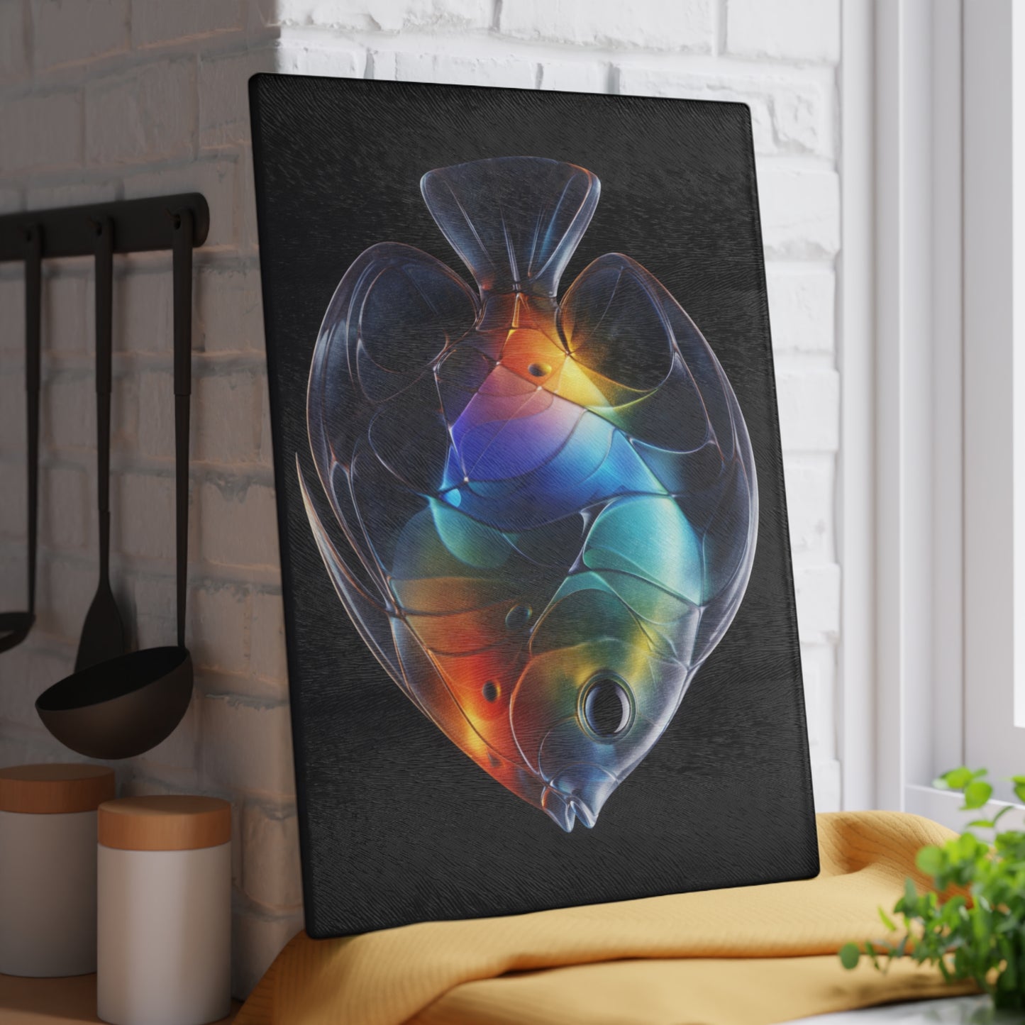 Rainbow Glow Glass Cutting Board – Stunning Discus Fish Artwork