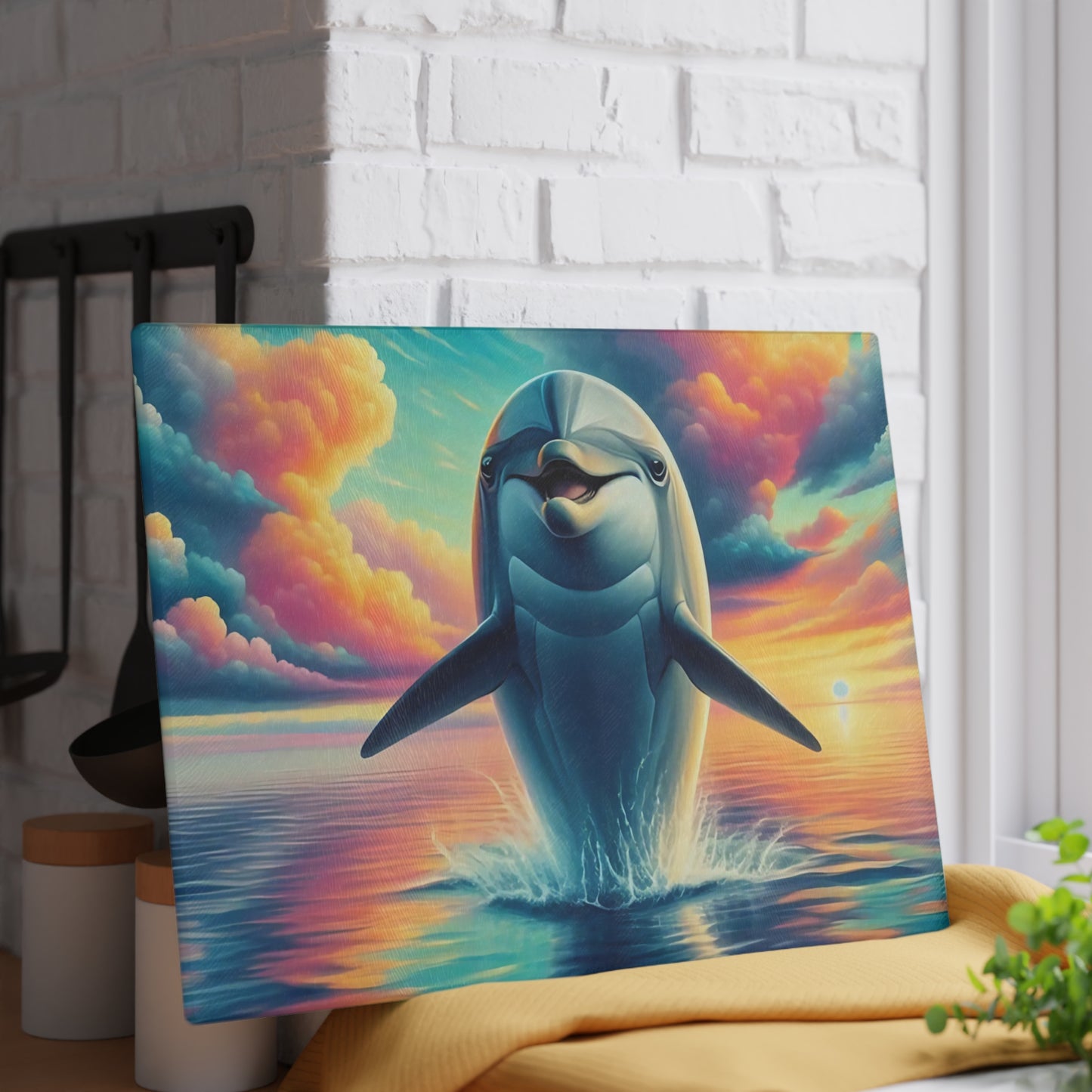 Happy Dolphin & Rainbow-Colored Clouds Glass Cutting Board – Whimsical Ocean Kitchen Art