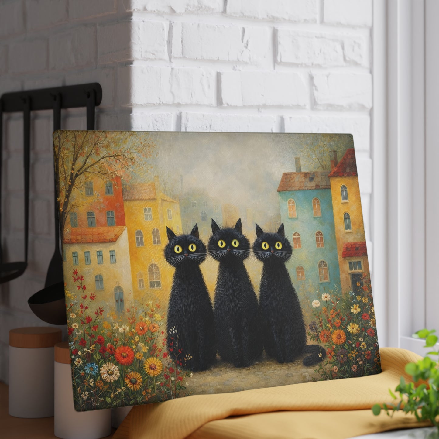 Whimsical Black Cats Village Scene Glass Cutting Board – Storybook Kitchen Art