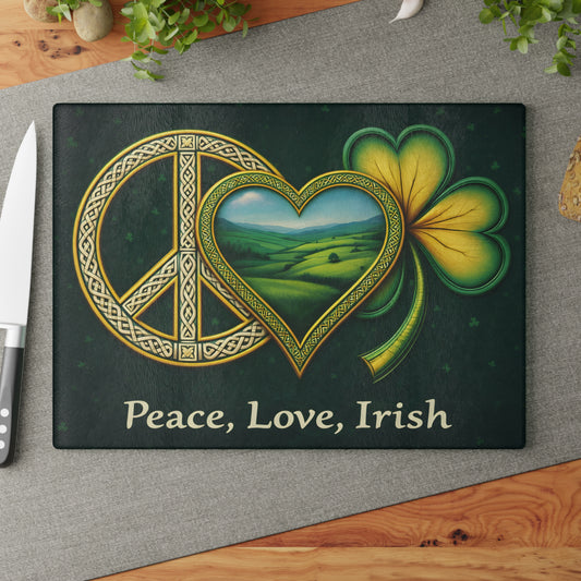 Peace, Love, Irish Glass Cutting Board – Celtic Shamrock St. Patrick’s Day Kitchen Art