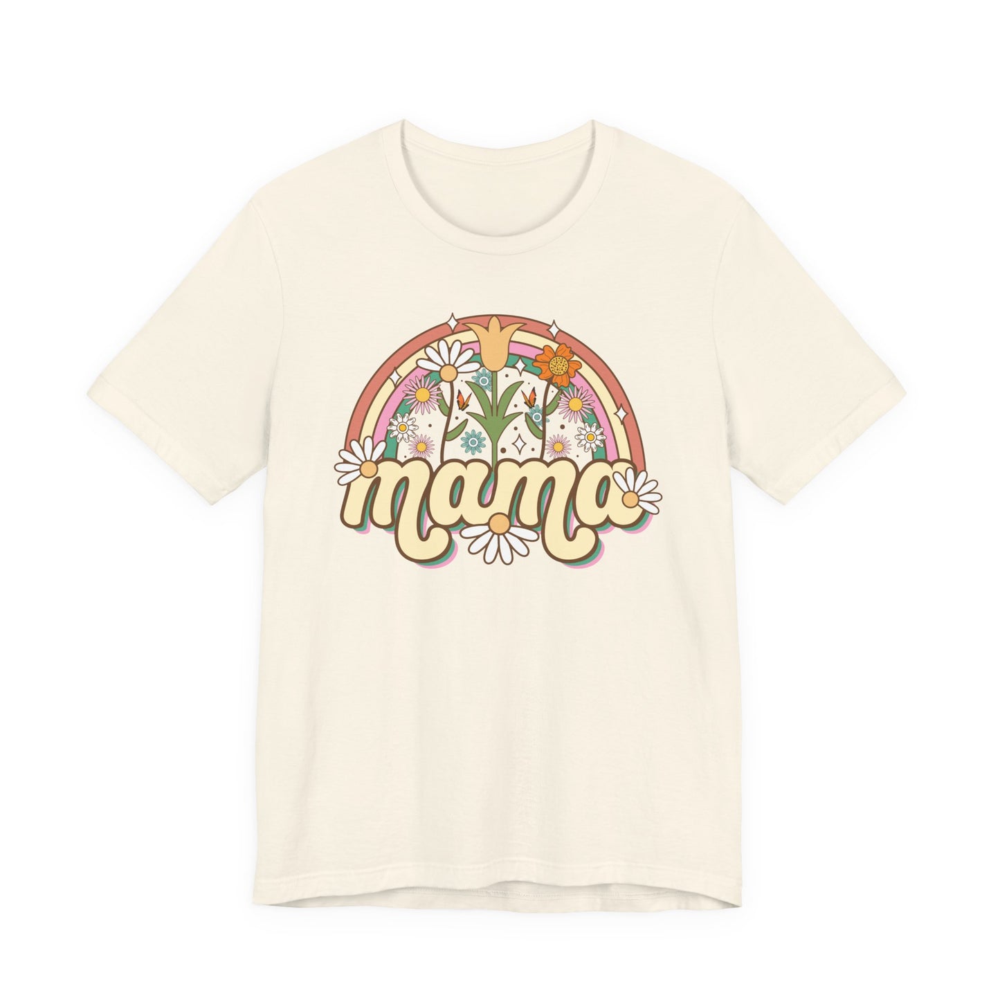 🌼🌈 Retro Floral Mama T-Shirt – Boho Rainbow Graphic Tee for Moms 🌻✨