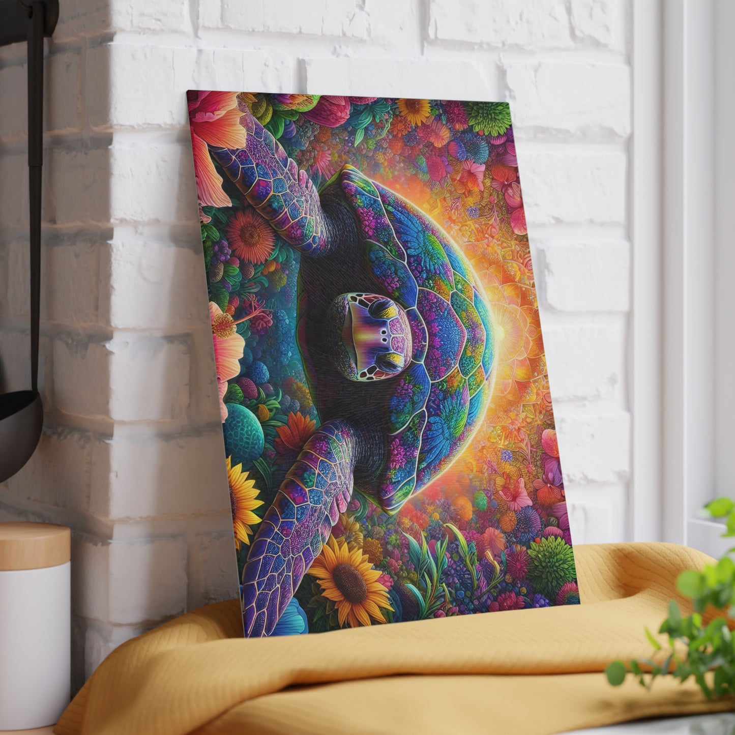 Tabla de cortar de tortuga con flores de neón: colores vibrantes, magia costera y flores artísticas