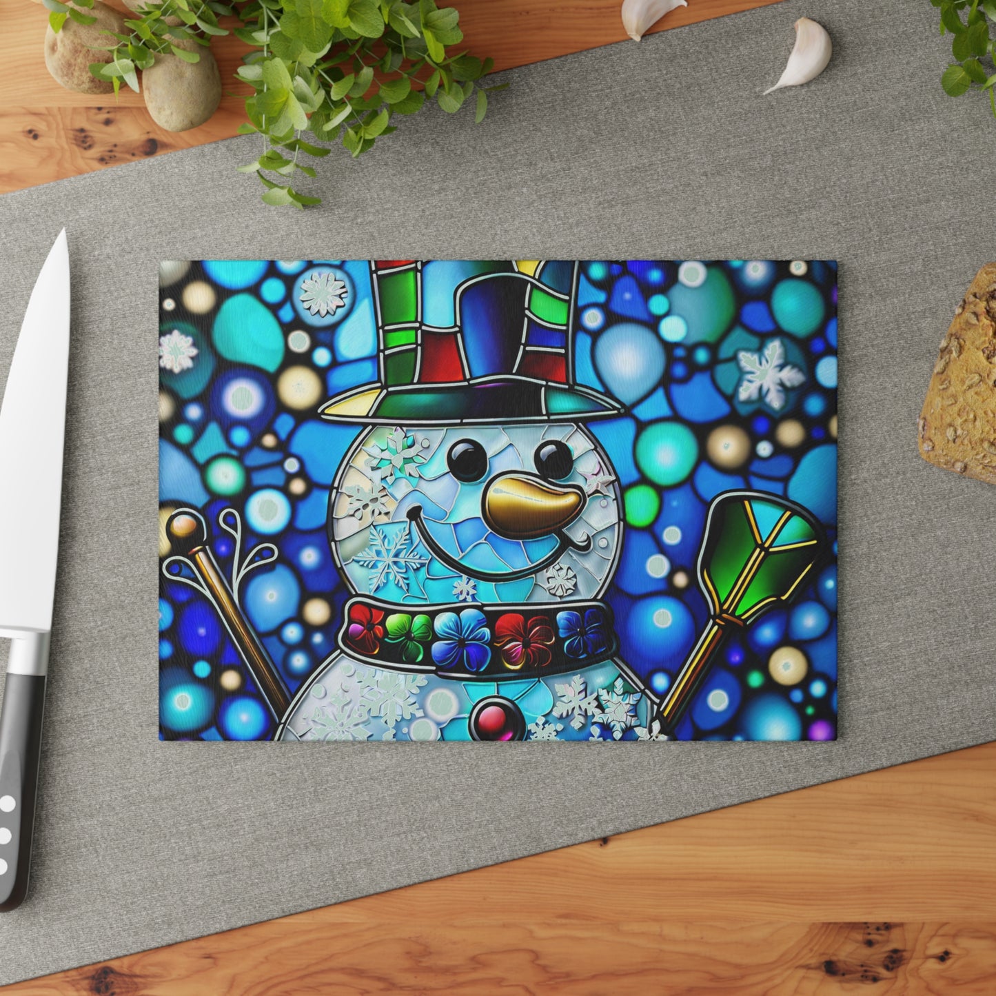 ☃️ Stained Glass-Style Snowman Cutting Board – Festive Elegance for Your Holiday Kitchen ❄️
