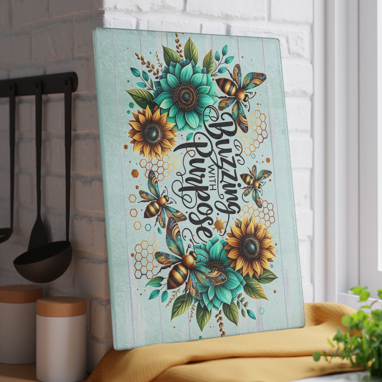🐝🌻 Buzzing with Purpose Cutting Board – Vibrant Bee & Sunflower Charm for Your Kitchen 🌿🍯