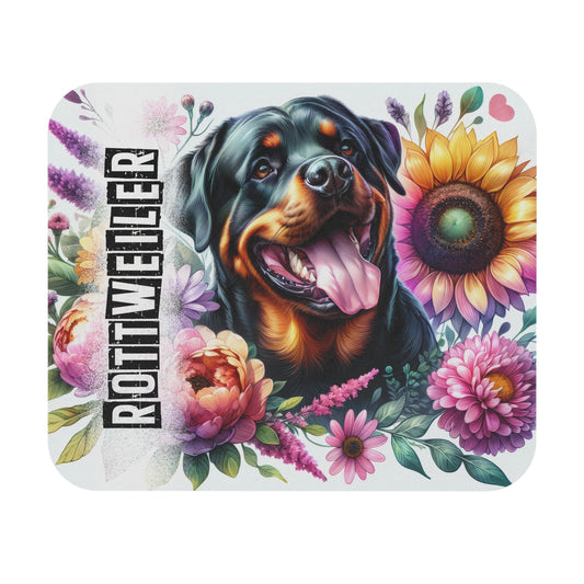 🖱️🌻 Rottweiler Mouse Pad – Smiling Rottie with Sunflowers & Florals