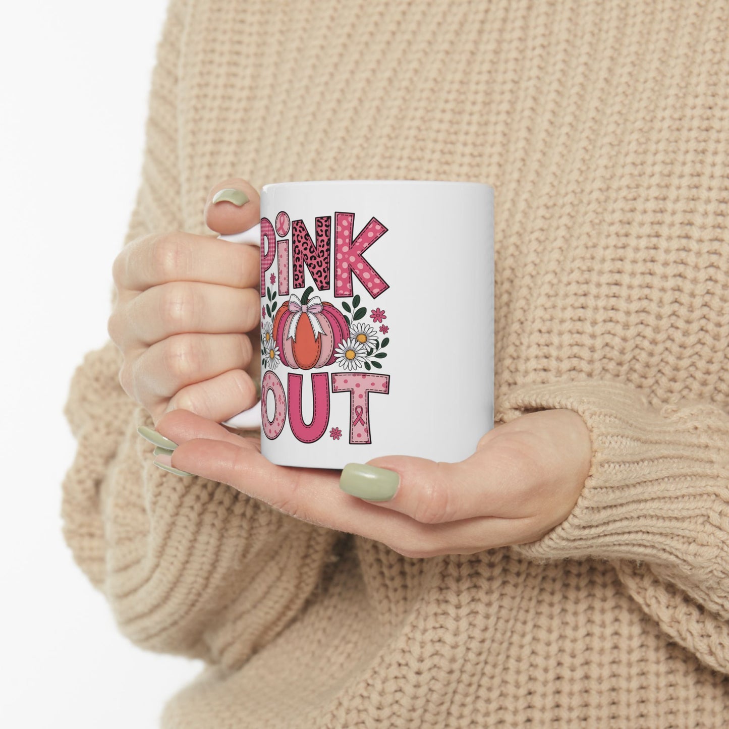 🎀🎃 Pink Out Mug – Fall Pumpkin Breast Cancer Awareness Coffee Cup 💗