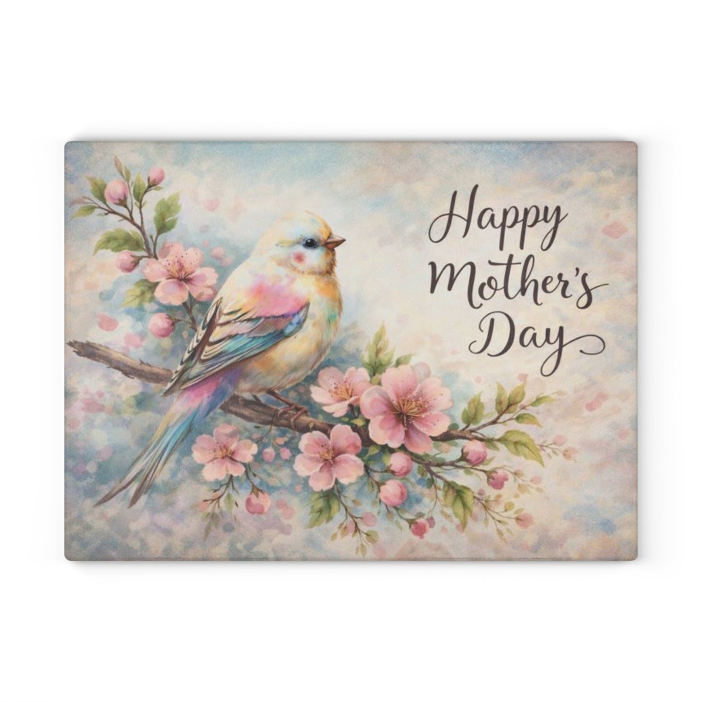 Happy Mother’s Day Bird & Cherry Blossom Glass Cutting Board – Soft Spring Floral Kitchen Accent