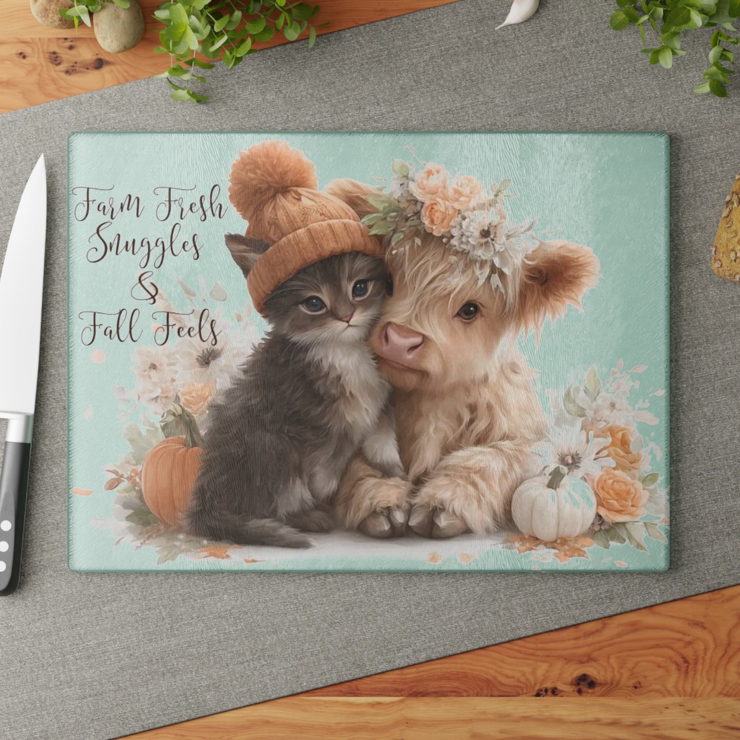 🍂🐱🐮 “Farm Fresh Snuggles & Fall Feels” Glass Cutting Board – Cozy Autumn Charm for Your Kitchen