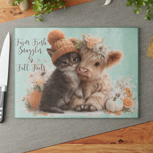 🍂🐱🐮 “Farm Fresh Snuggles & Fall Feels” Glass Cutting Board – Cozy Autumn Charm for Your Kitchen
