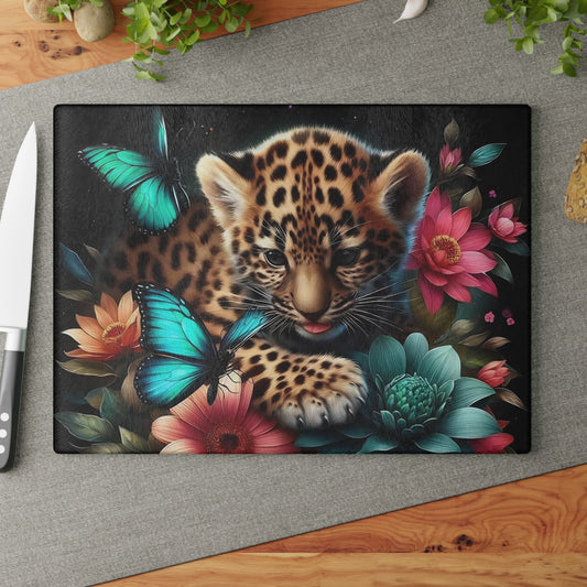 🦋 Leopard Cub & Blue Butterfly Cutting Board – Whimsy Meets Wild in Bloom 🌸🐆