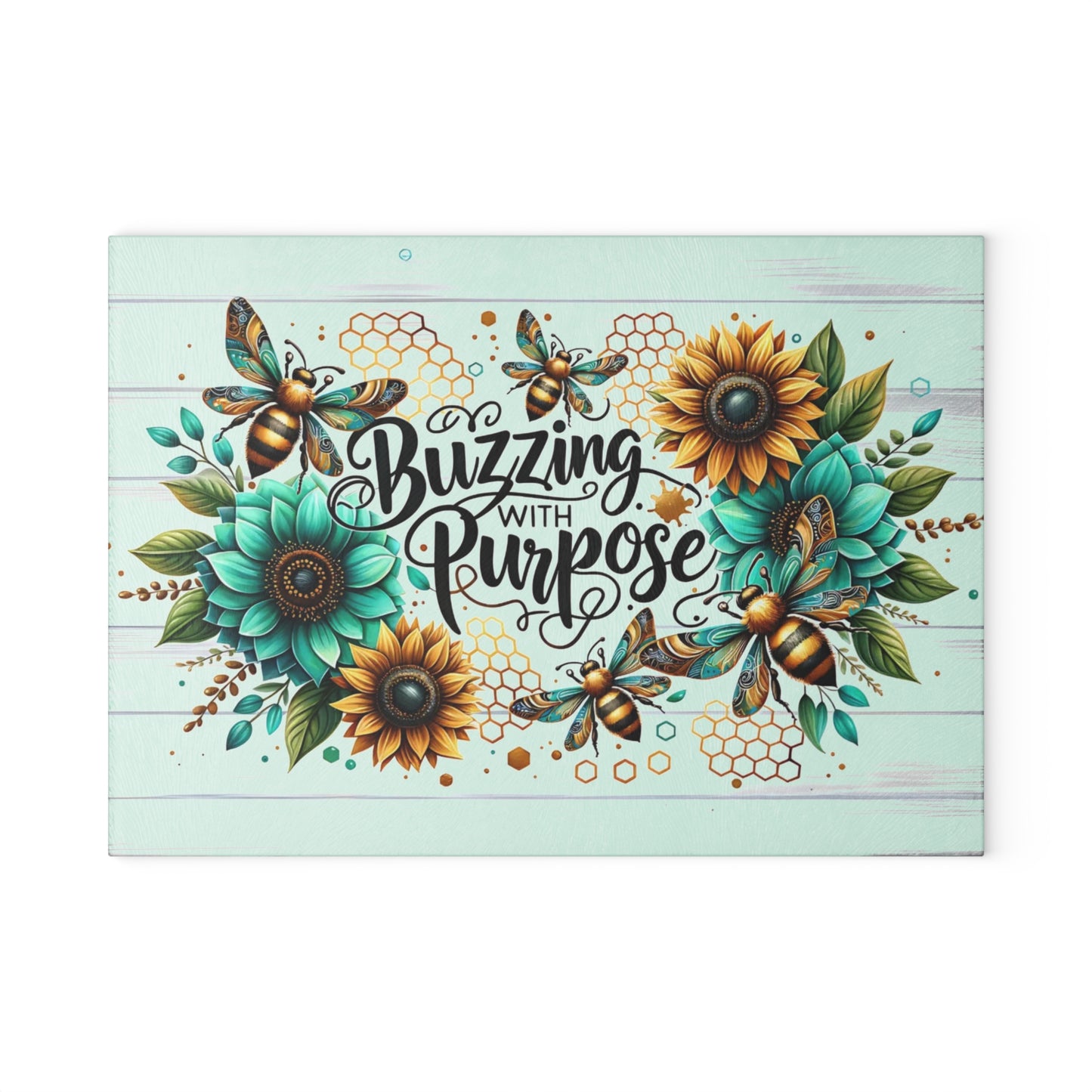 🐝🌻 “Buzzing with Purpose” Glass Cutting Board – Uplift Your Kitchen with Cheer