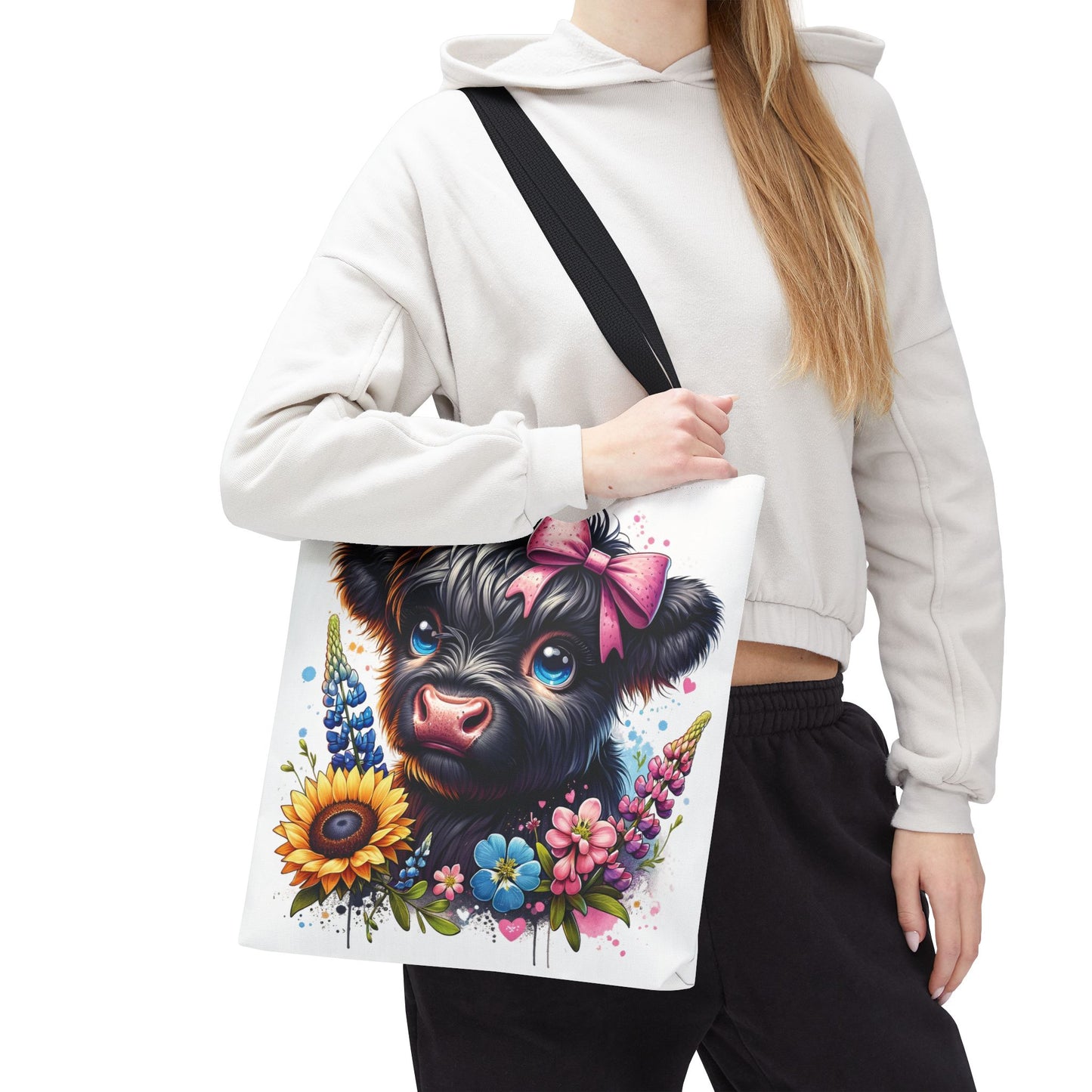 🌸 Black Highland Calf Floral Tote Bag – Sweet Style for Every Age 🐮👜