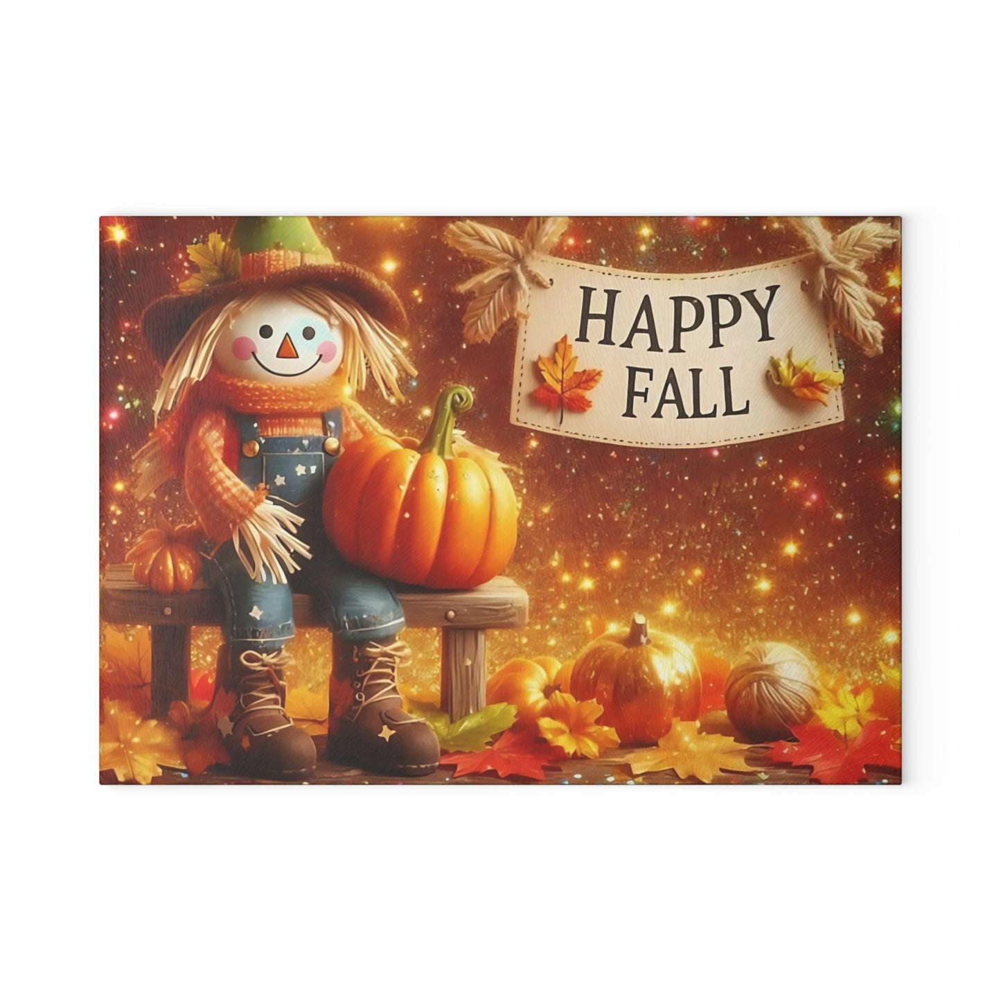 🍂🌟 Happy Fall Scarecrow Cutting Board – Rustic Autumn Kitchen Décor with Pumpkins & Golden Glow 🎃✨
