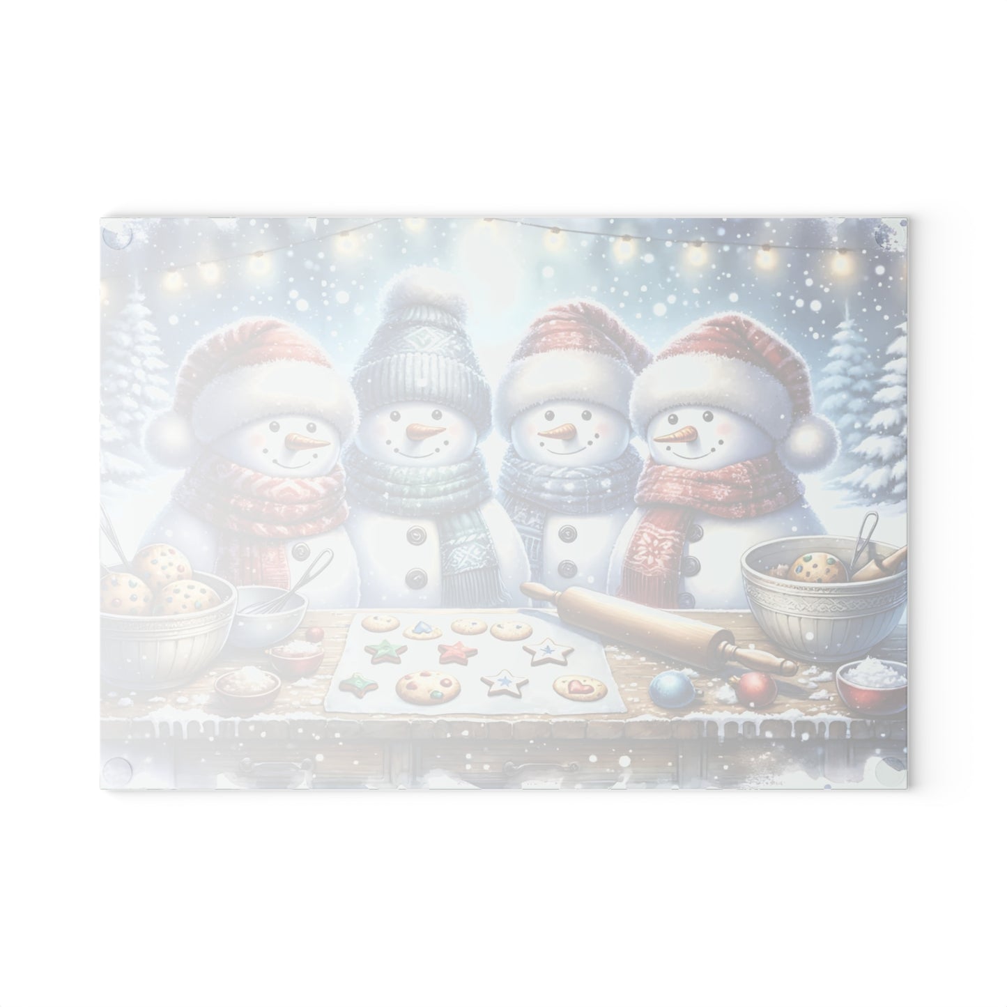 ⛄️🍪 “Snowman Cookie Crew” Glass Cutting Board – Cozy Charm for Your Kitchen