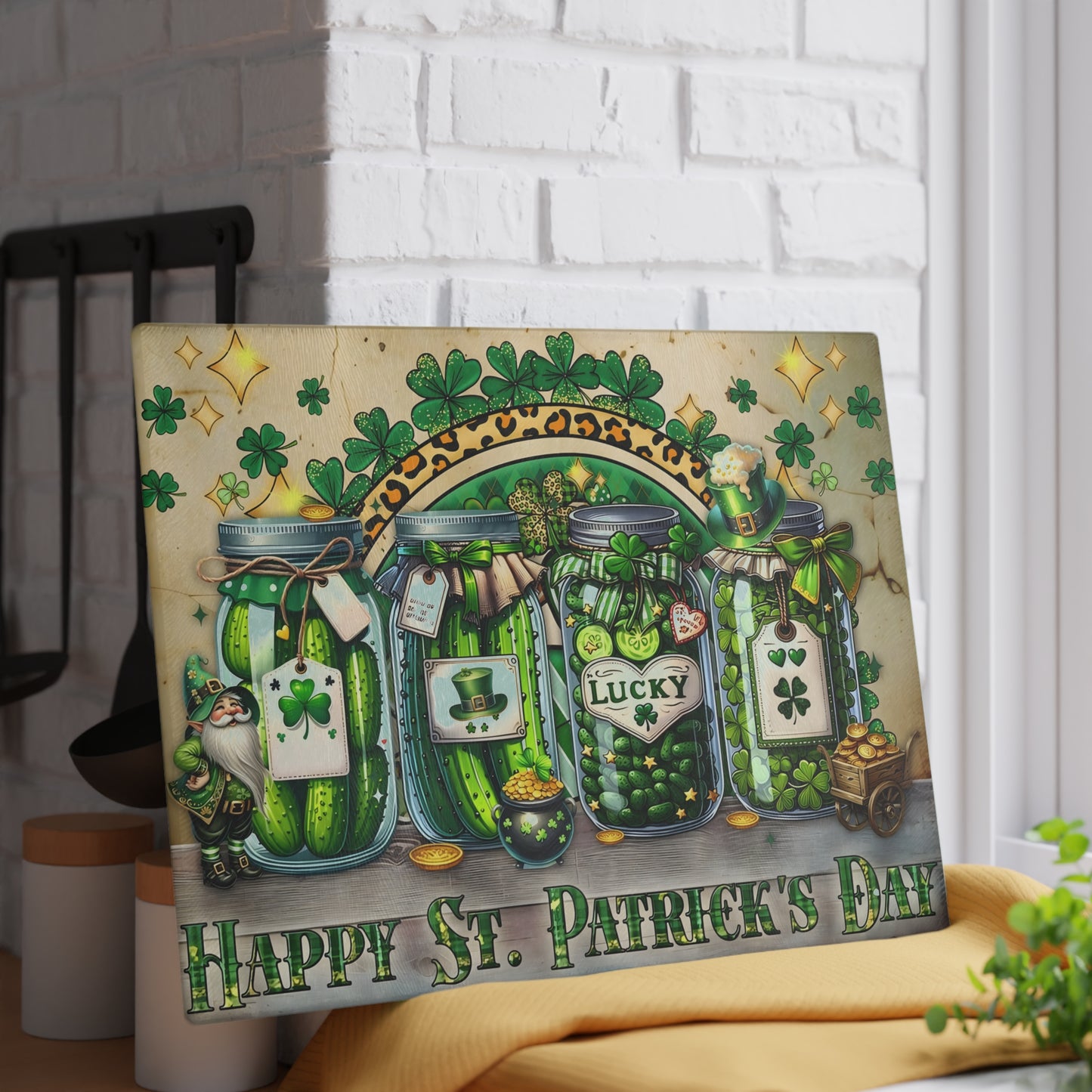 Lucky Shamrock Jars Glass Cutting Board – St. Patrick’s Day Kitchen Décor