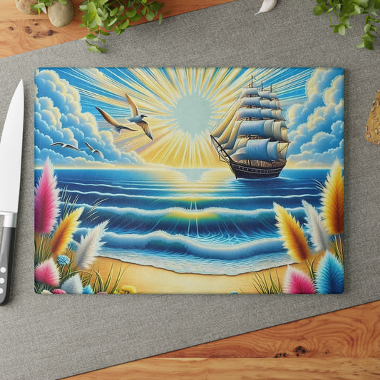 Tabla de cortar con un vibrante atardecer en el océano: decoración náutica de vidrio para cocinas costeras