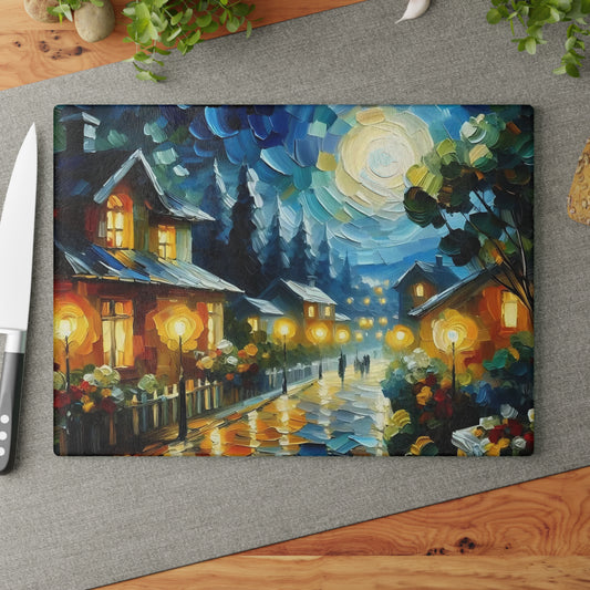 Cozy Moonlit Village Glass Cutting Board