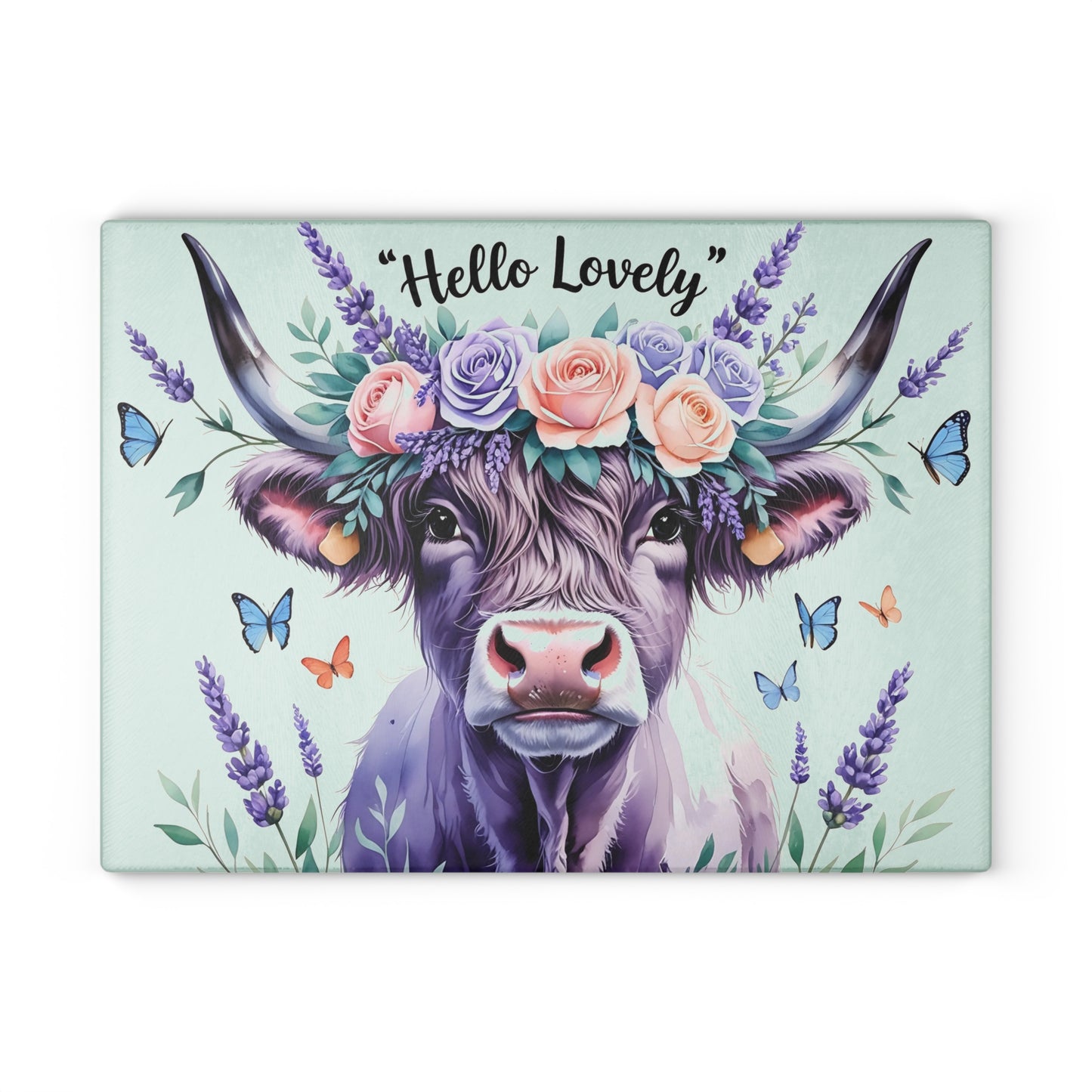 🐮 “Hello Lovely” Highland Cow Cutting Board – Floral Charm Meets Farmhouse Style