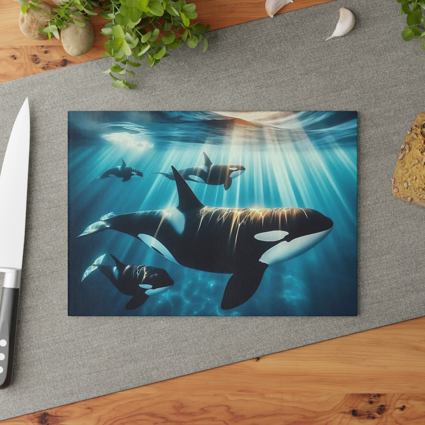 Ocean Guardians Glass Cutting Board – Orca Family Beneath Sunlit Waters