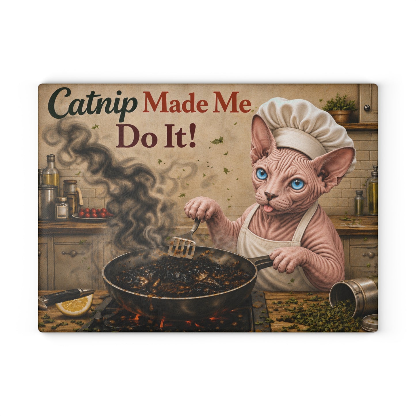 Catnip Made Me Do It! Glass Cutting Board – Funny Hairless Cat Kitchen Decor with Chef Sphynx Artwork