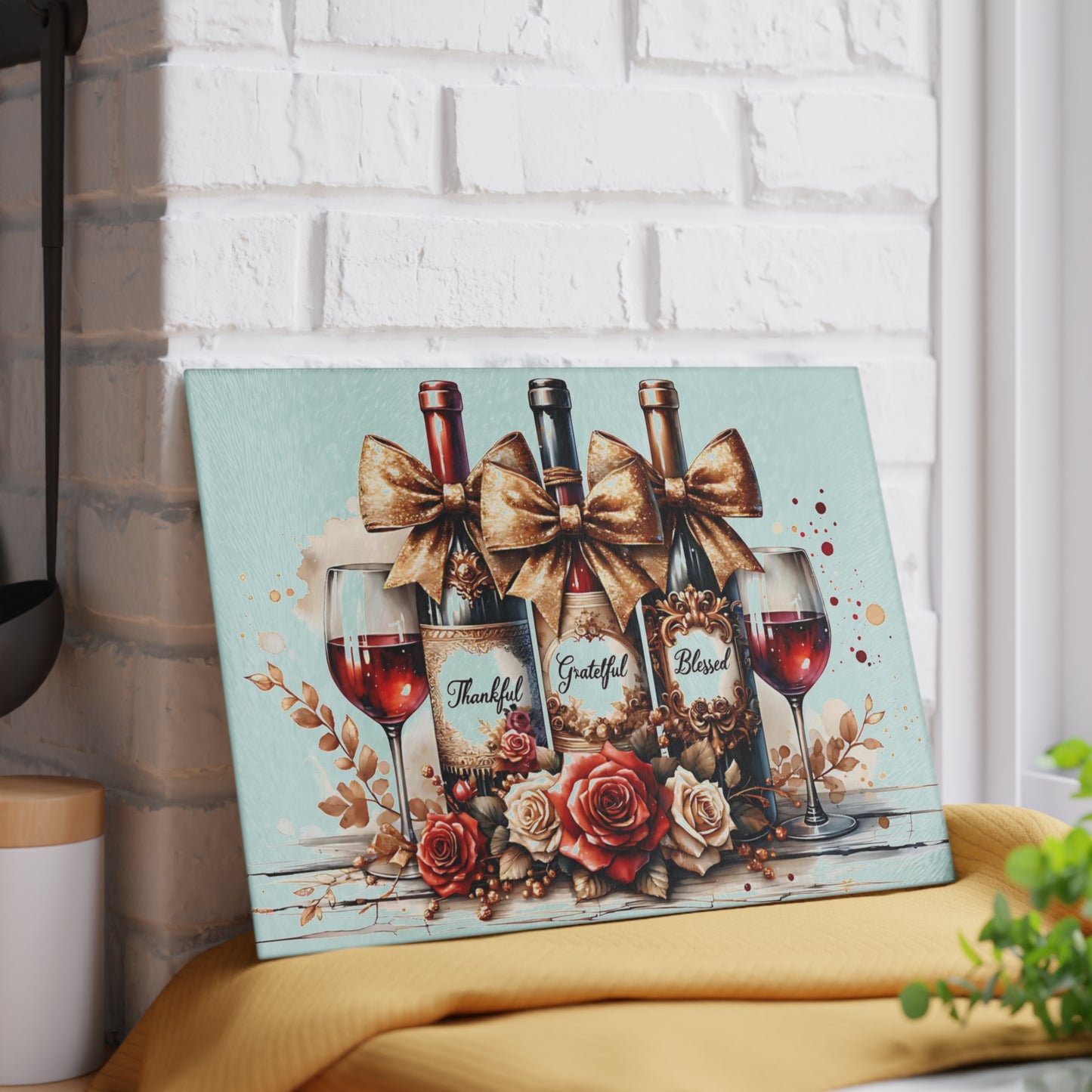 🍷 Thankful, Grateful, Blessed Wine Bottle Cutting Board – Elegant Holiday Kitchen Décor