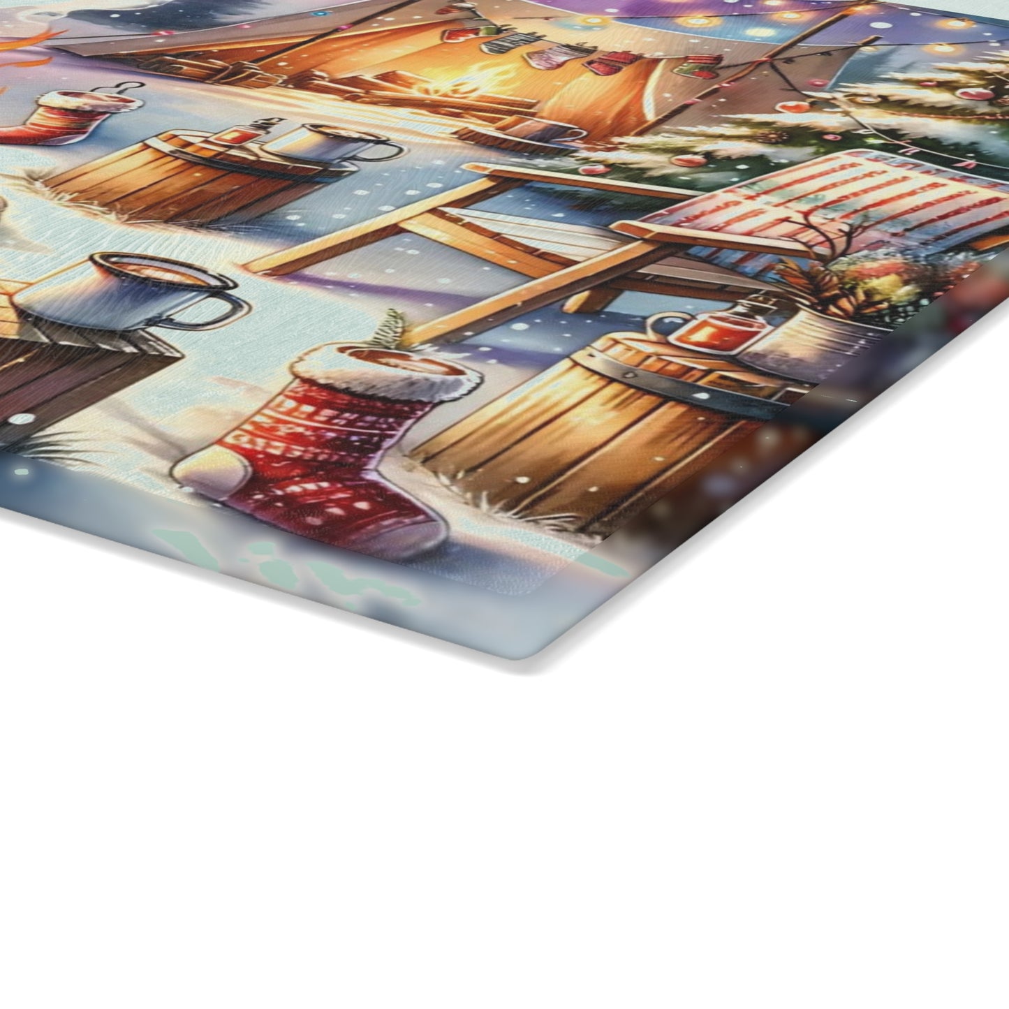 🔥🏕️ “Cozy Campfire Christmas” Glass Cutting Board – Winter Charm for Your Kitchen