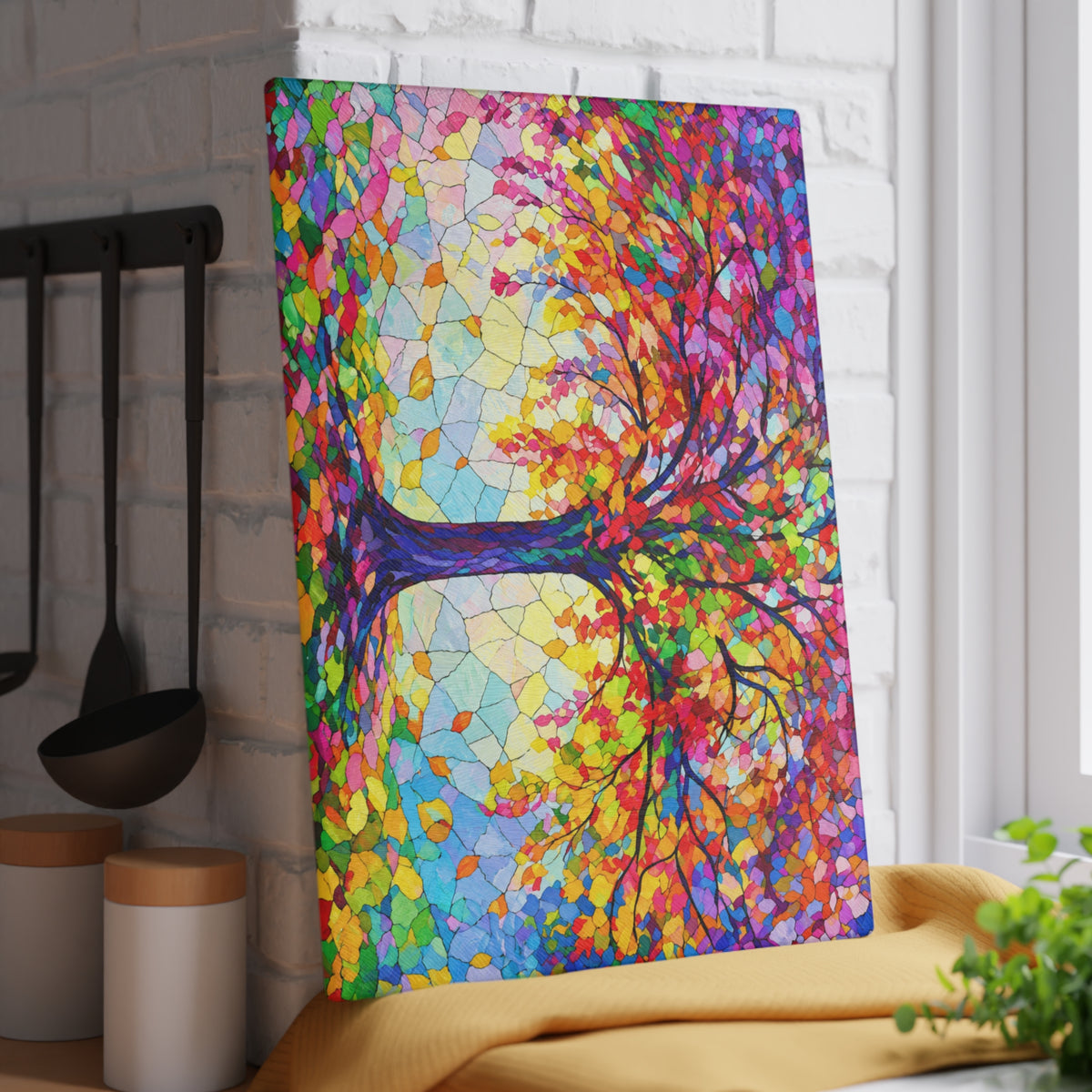 Colorful Tree of Life Stained-Glass-Inspired Glass Cutting Board – Rainbow Nature Decor