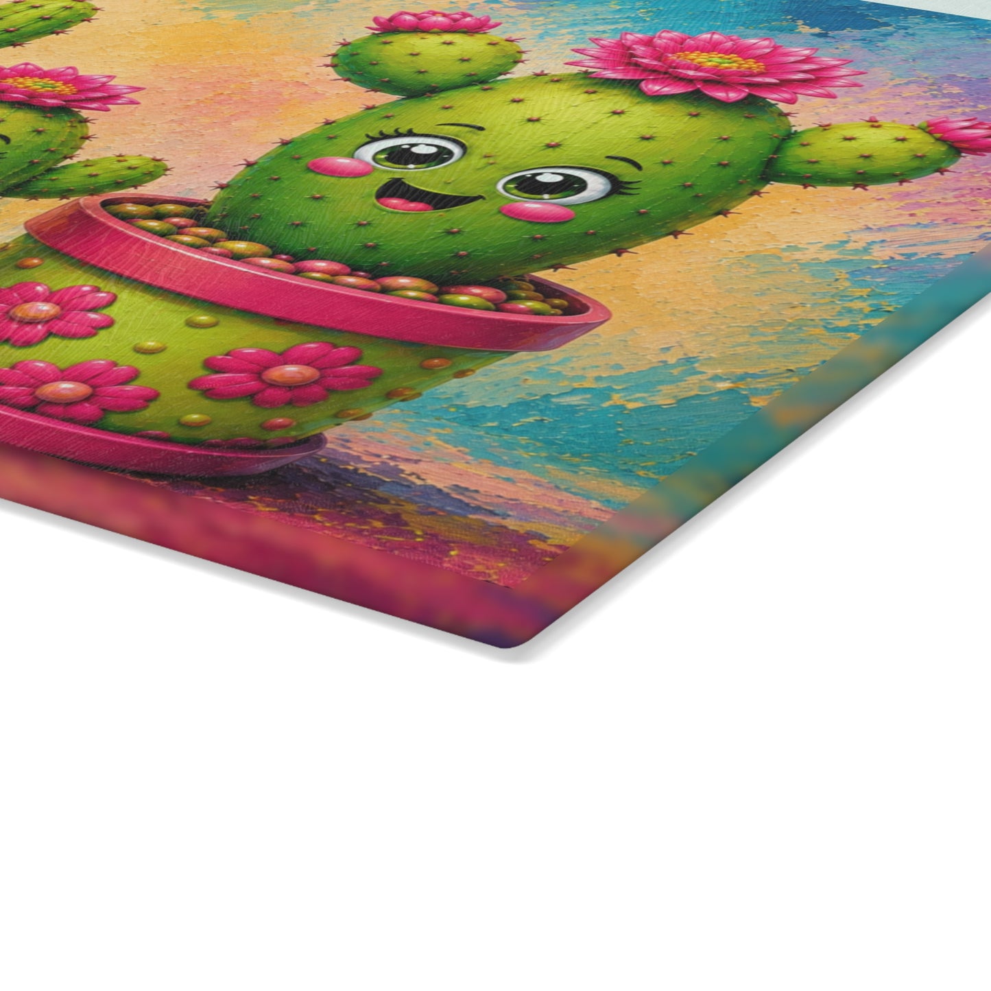 Smiling Cactus Family Glass Cutting Board – Cute Whimsical Desert Plant Artwork with Colorful Flower Pots