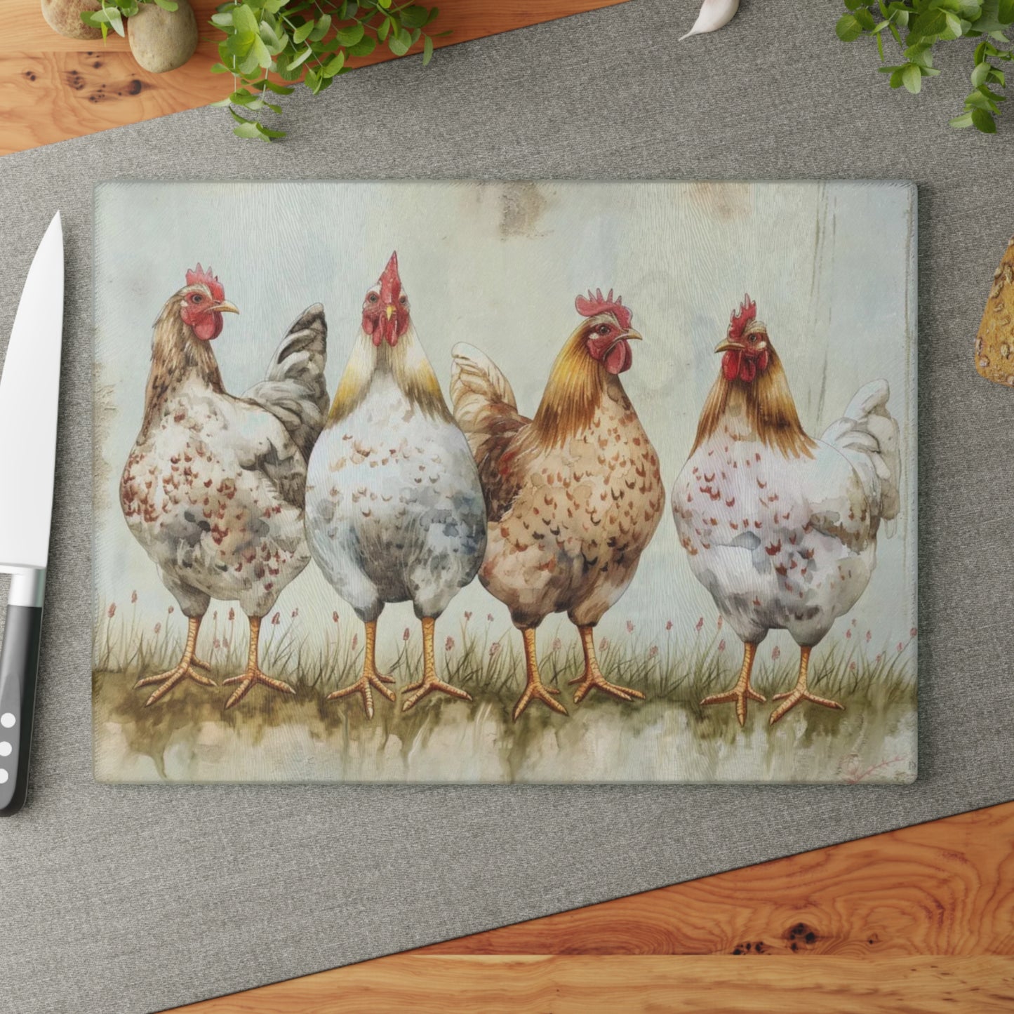🐔🌿 “Country Hen Parade” Glass Cutting Board – Classic Farmhouse Charm