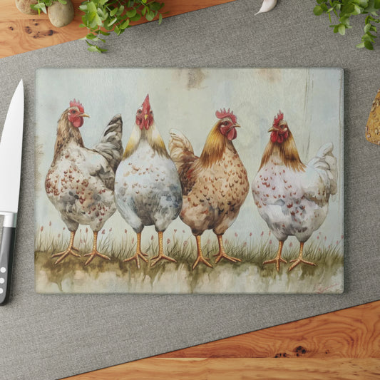 🐔🌿 “Country Hen Parade” Glass Cutting Board – Classic Farmhouse Charm